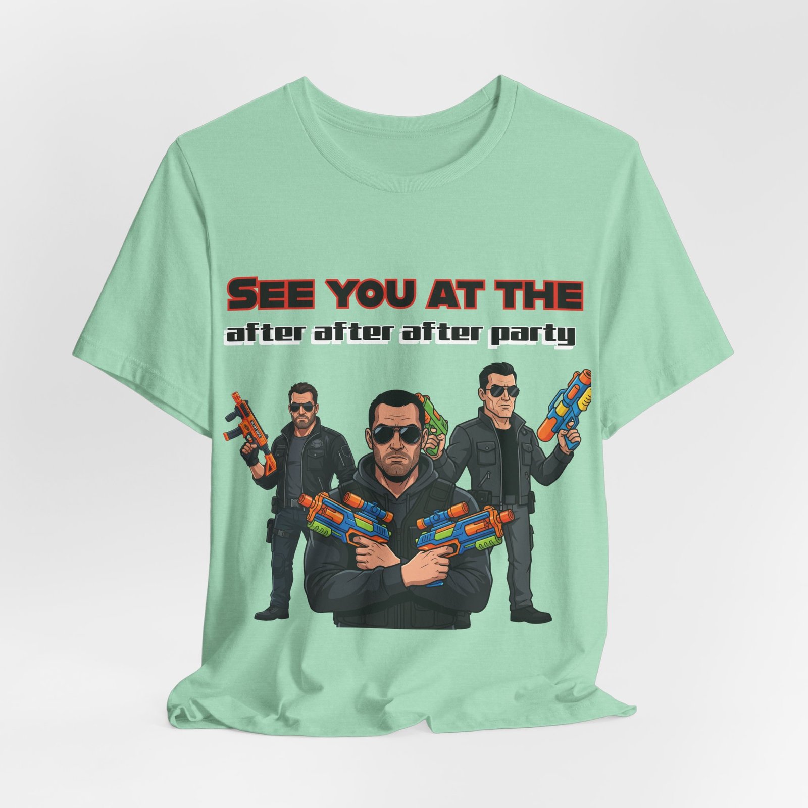 Mint green t-shirt featuring three characters in sunglasses with colorful toy blasters and 'SEE YOU AT THE after after after party' text.