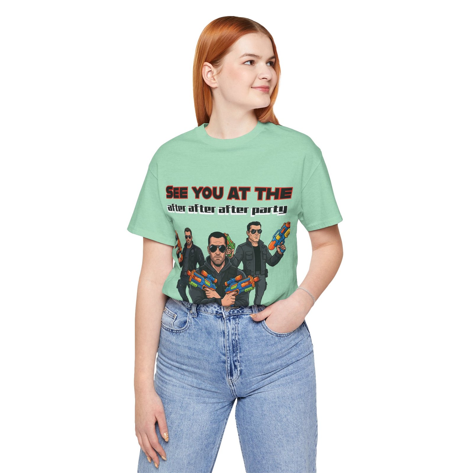 Mint green t-shirt featuring three characters with sunglasses and colorful toy blasters with text 'SEE YOU AT THE AFTER AFTER AFTER PARTY'