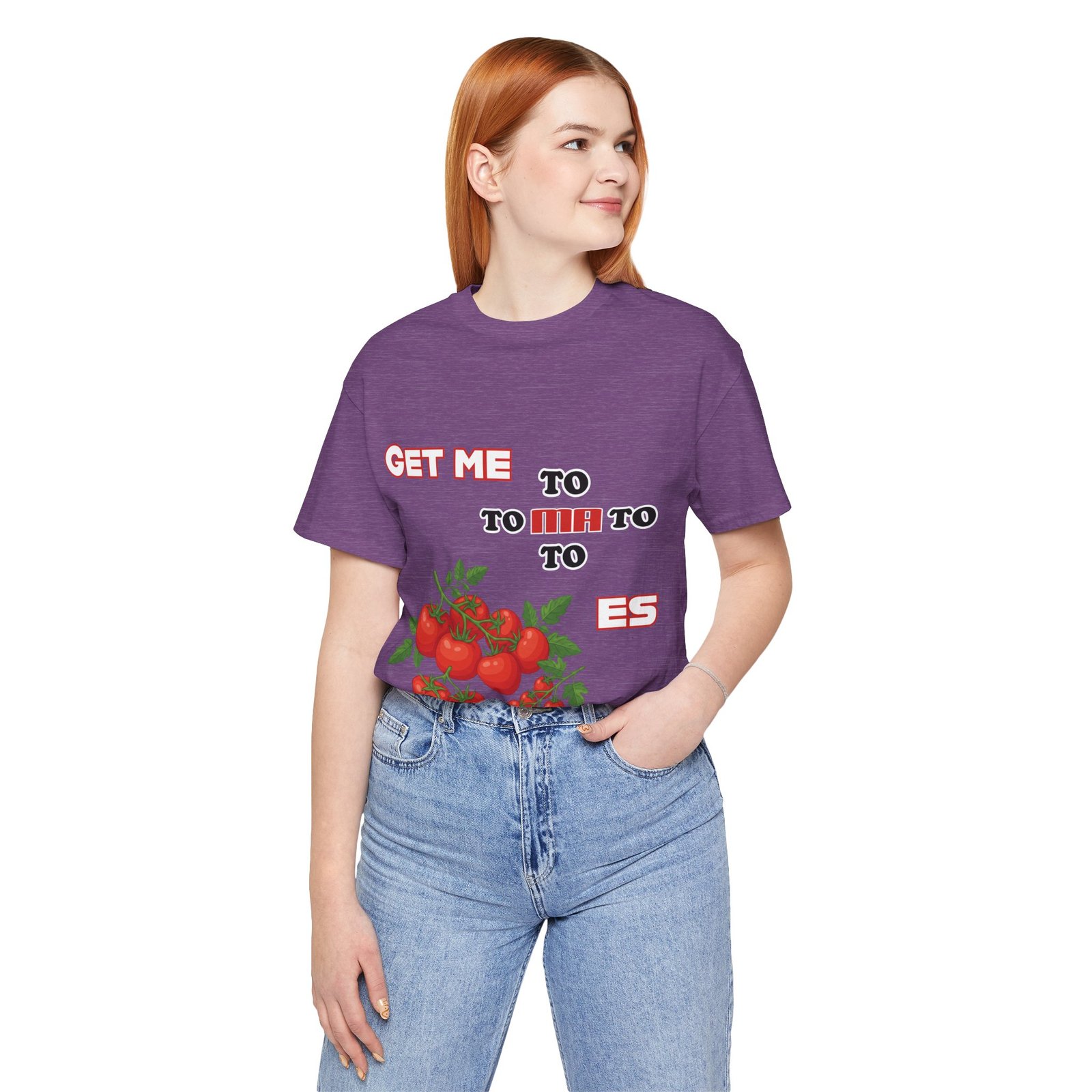 Model wearing a purple Get Me To Ma To Toes T-Shirt featuring vintage tomato illustrations and retro typography.