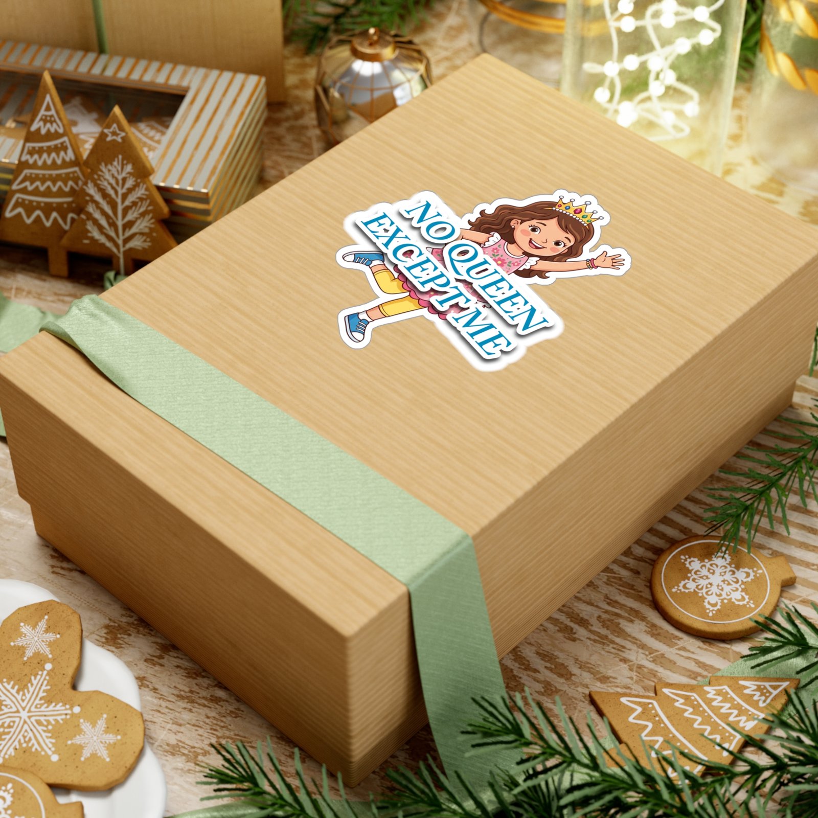 No Queen Except Me Girl Crown Sticker applied to a wooden gift box wrapped with a green ribbon.