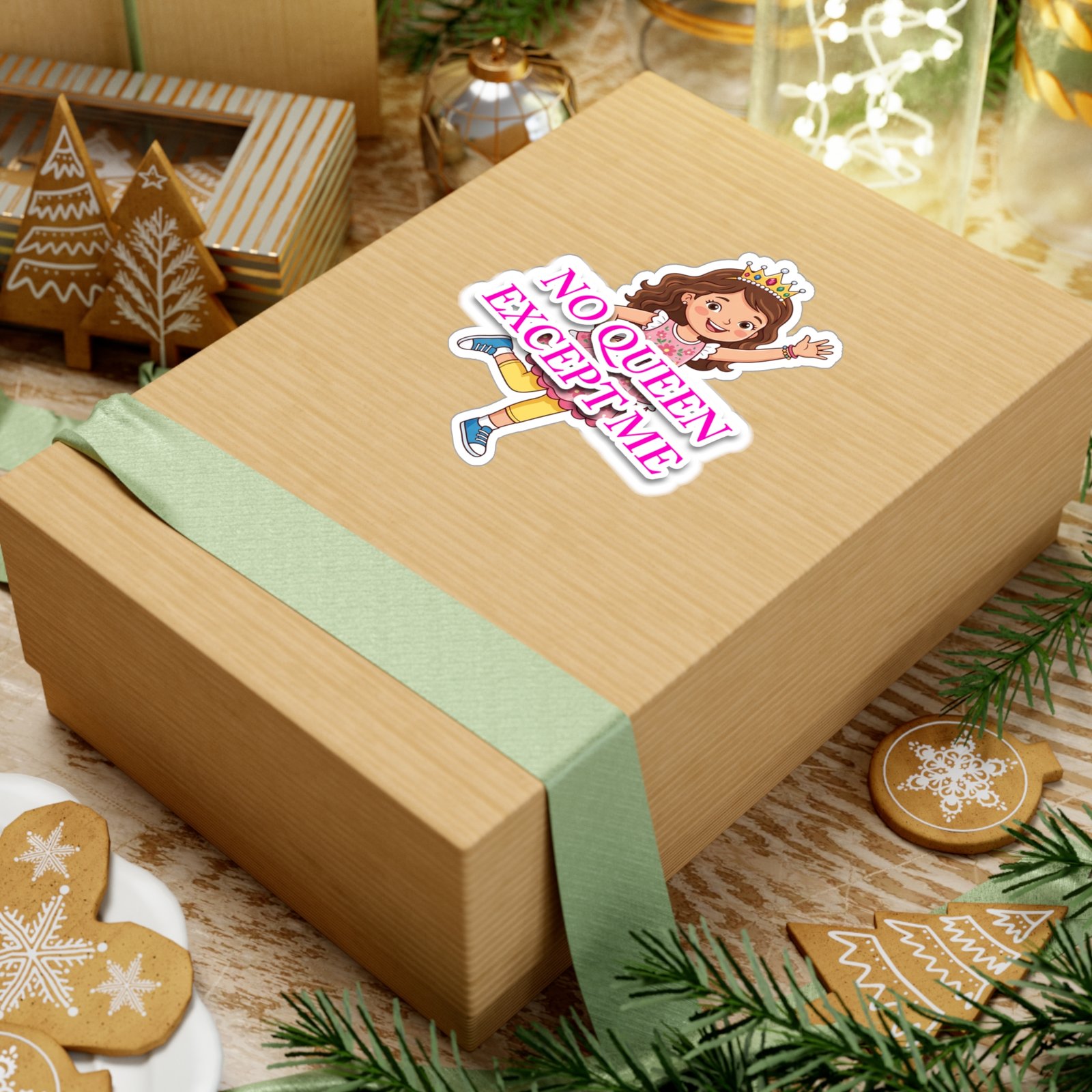 No Queen Except Me Girl Crown Sticker featuring a cheerful little queen character on a wooden gift box.