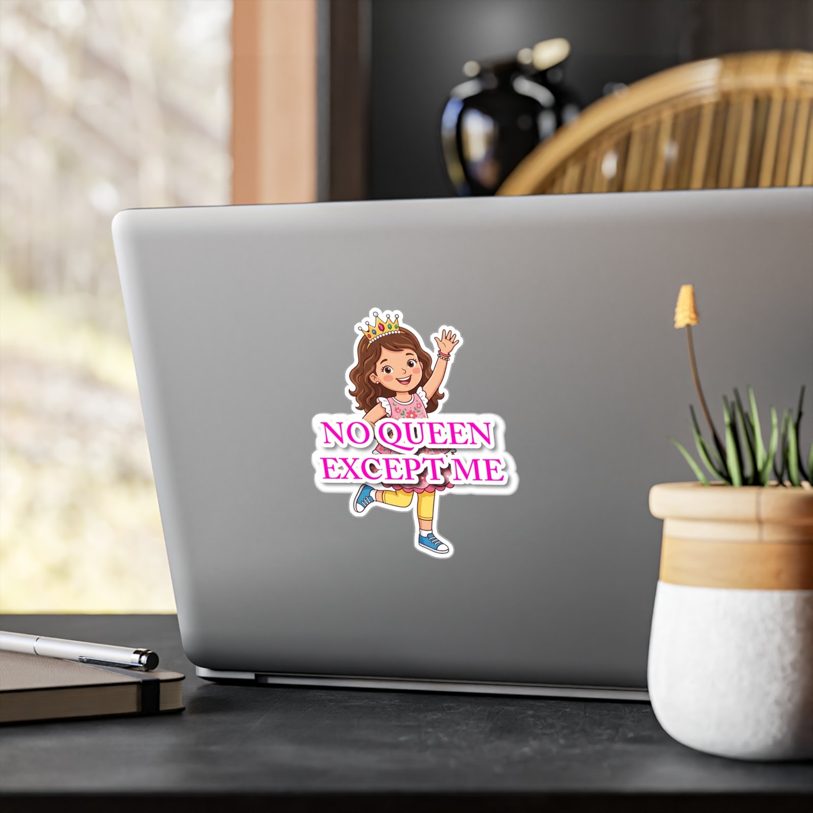 No Queen Except Me Girl Crown Sticker featuring a smiling cartoon girl with a crown on a silver laptop.
