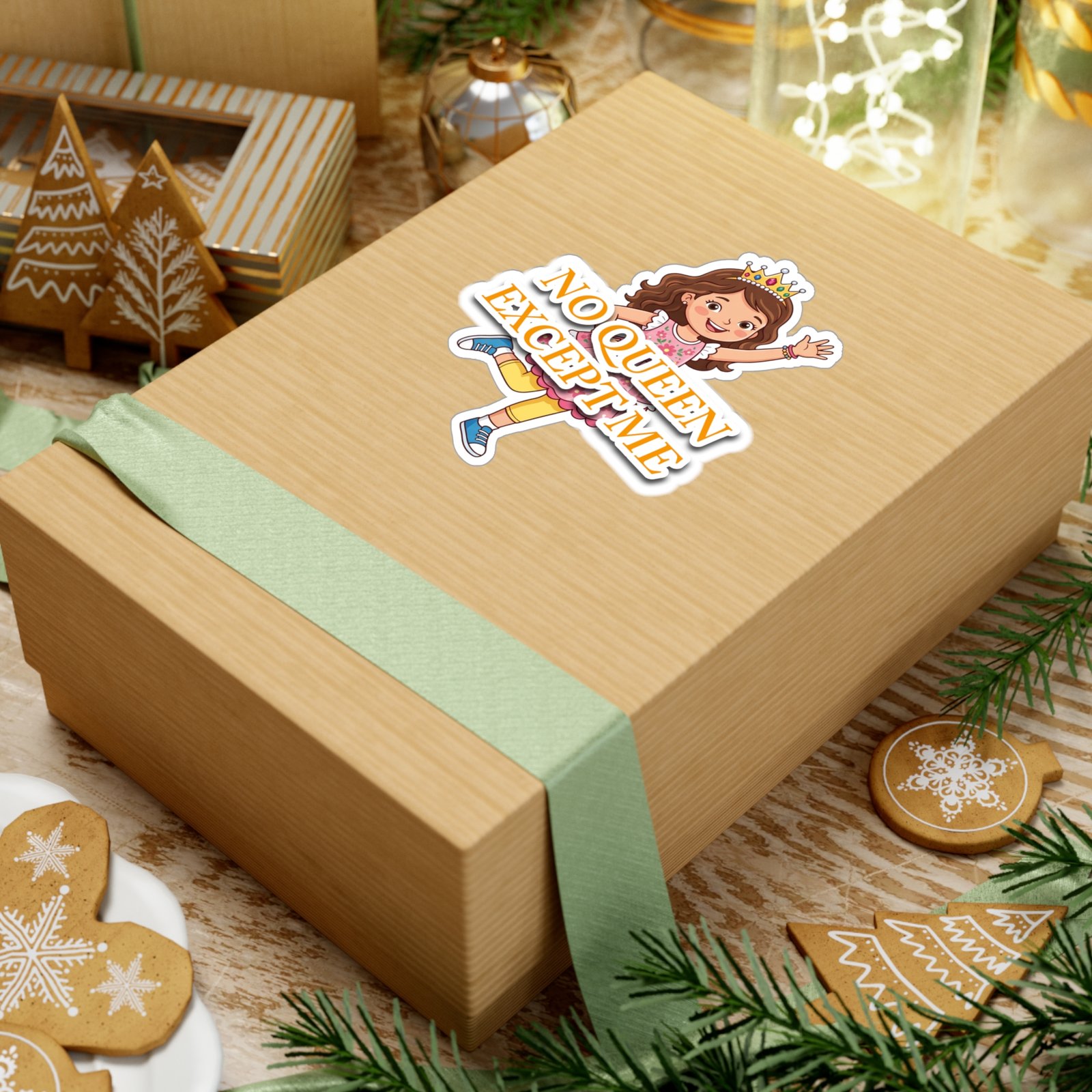 "No Queen Except Me" girl sticker with crown and orange lettering on a gift box.