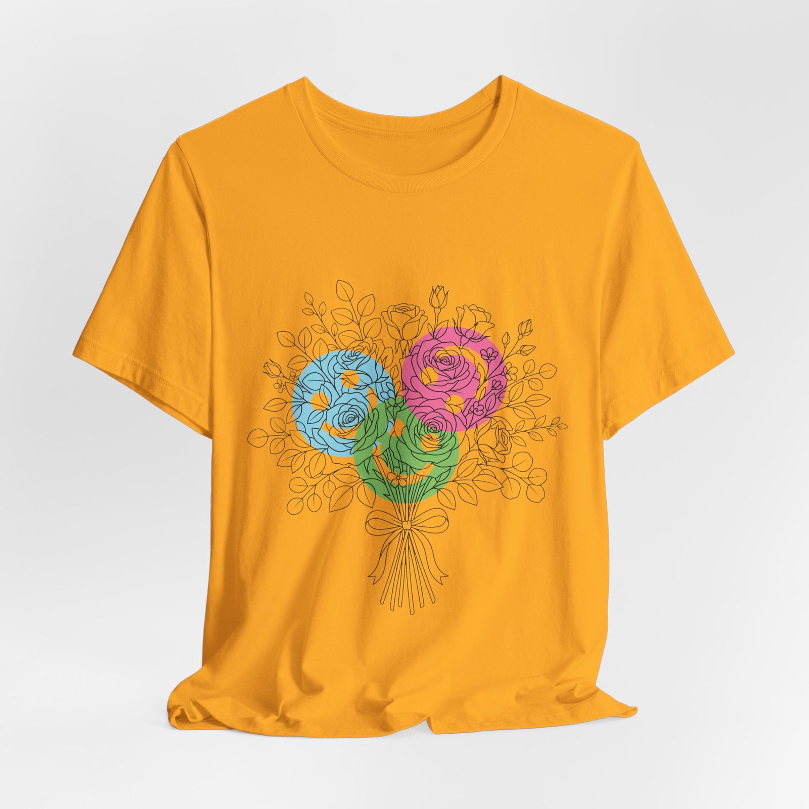 Orange T-shirt featuring a hand-drawn bouquet of teal, magenta, and lime spiral-shaped yarn flowers.