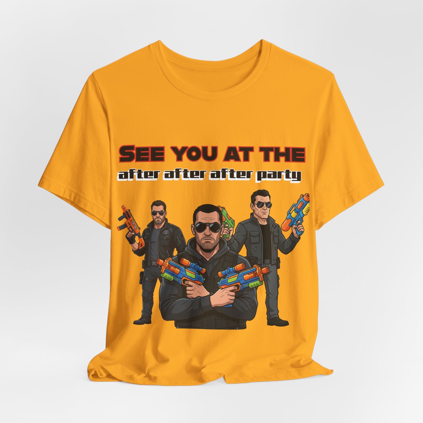 Orange T-shirt featuring three sunglasses-clad characters with colorful toy blasters and text "SEE YOU AT THE after after after party"