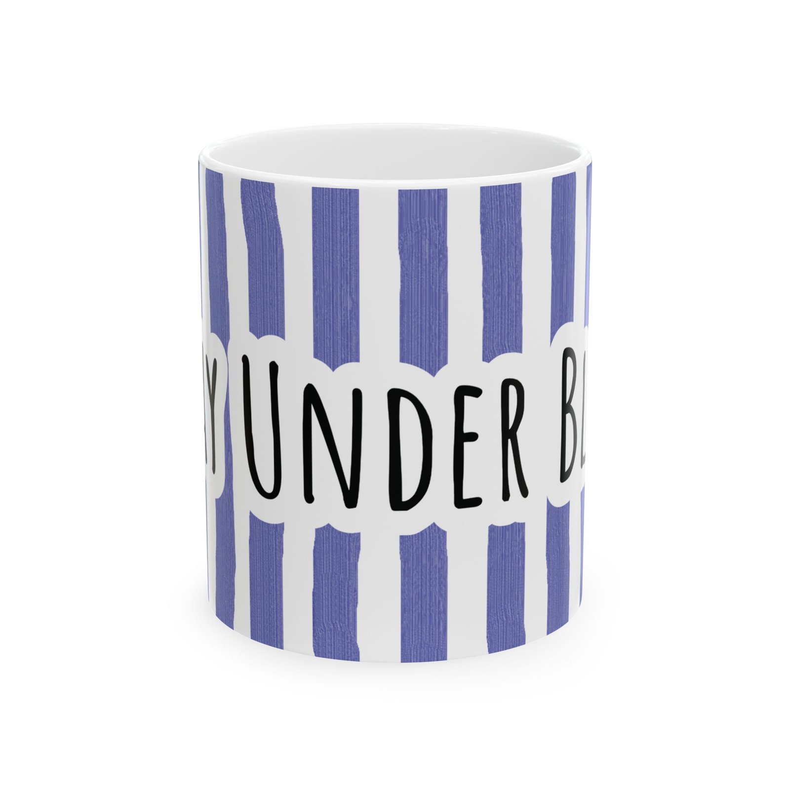 Periwinkle striped ceramic mug featuring hand-lettered 'Stay Under Blue' text on a white background.