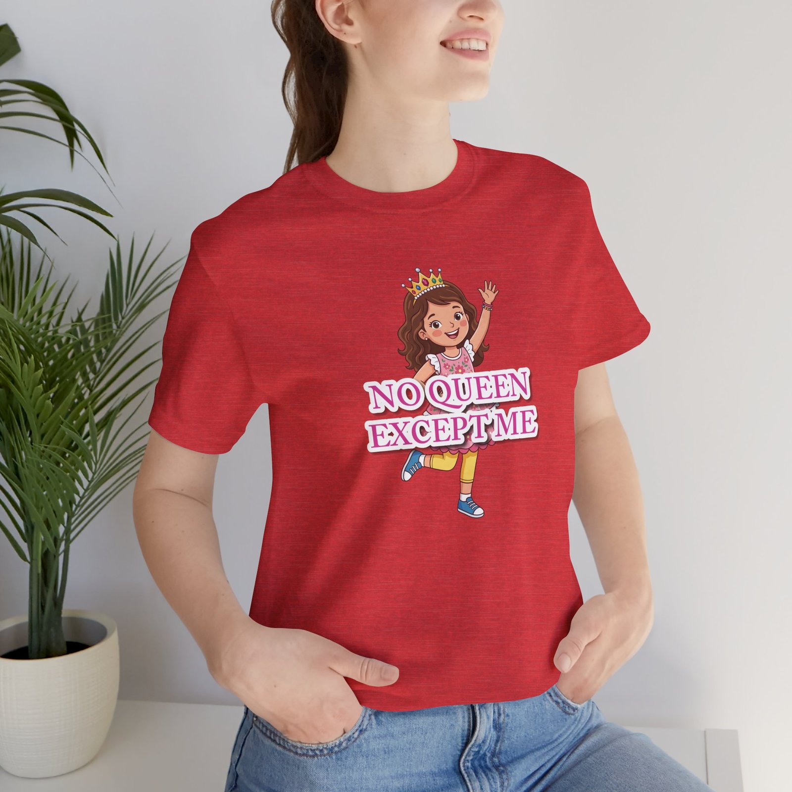 Pink girls' crew neck t-shirt featuring a whimsical illustration of a little girl wearing a crown and 'No Queen Except Me' text.