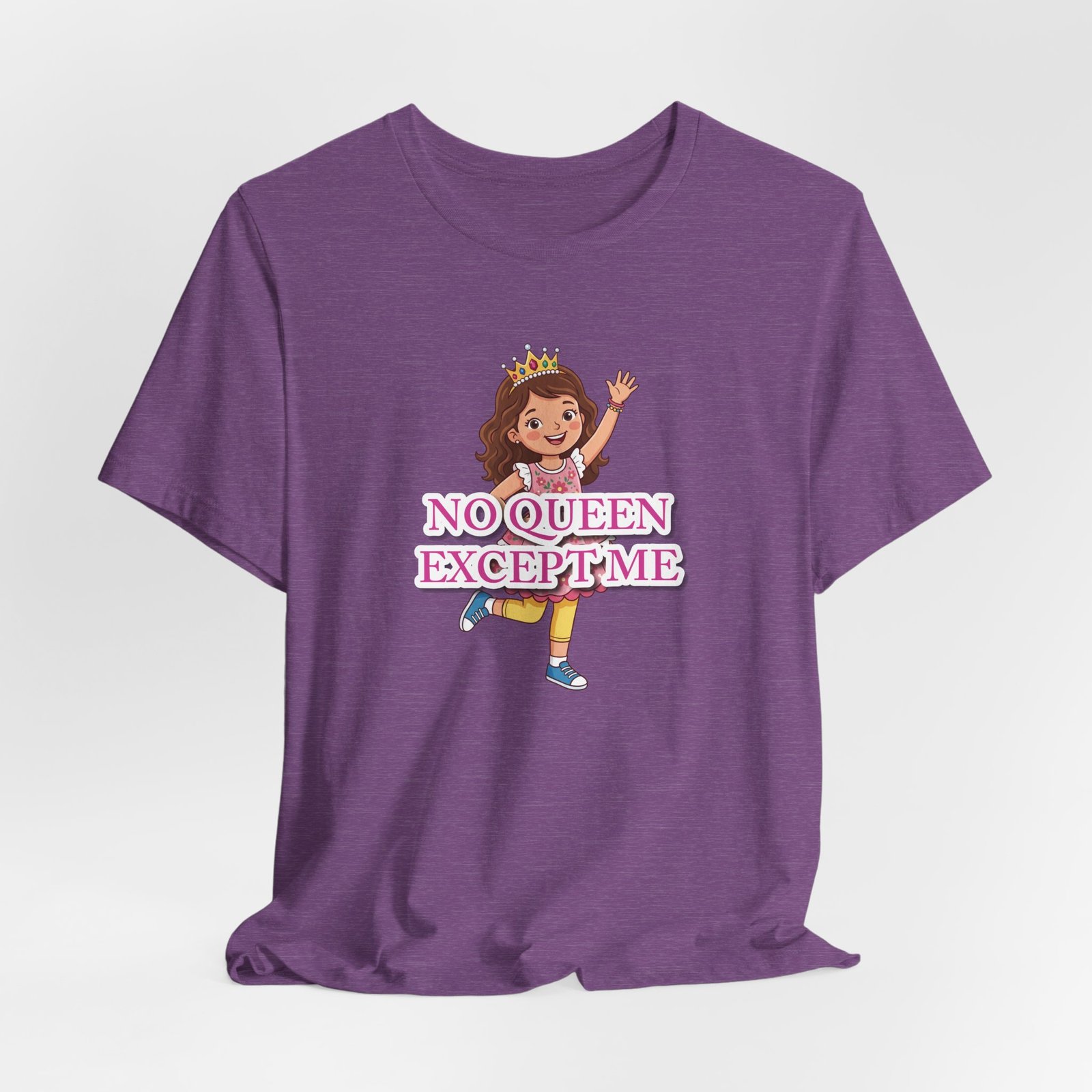 Pink girls' t-shirt featuring a whimsical cartoon girl wearing a crown and pink text reading "NO QUEEN EXCEPT ME".