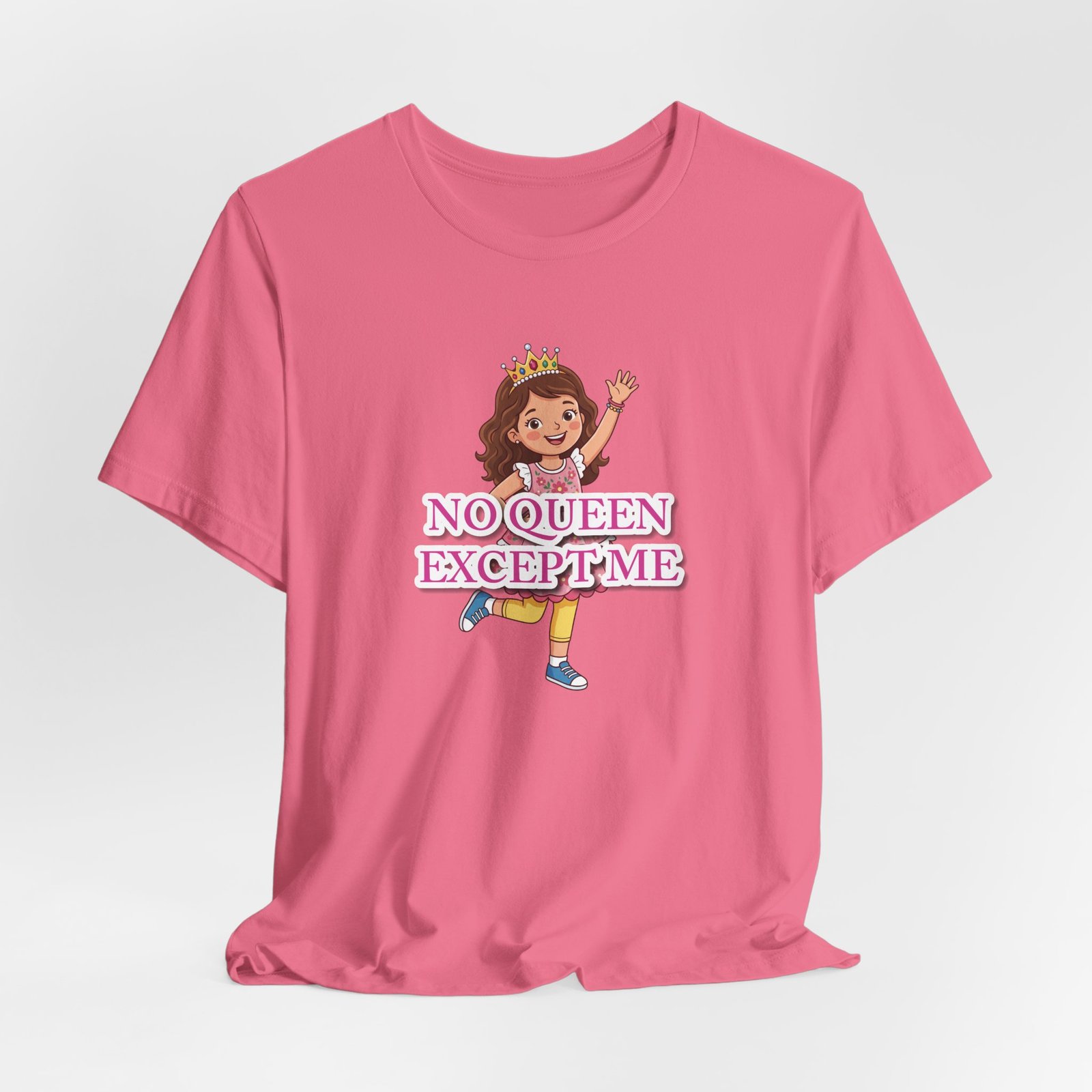 Pink Girls' T-Shirt featuring a whimsical illustration of a confident little queen wearing a crown and bold pink lettering.