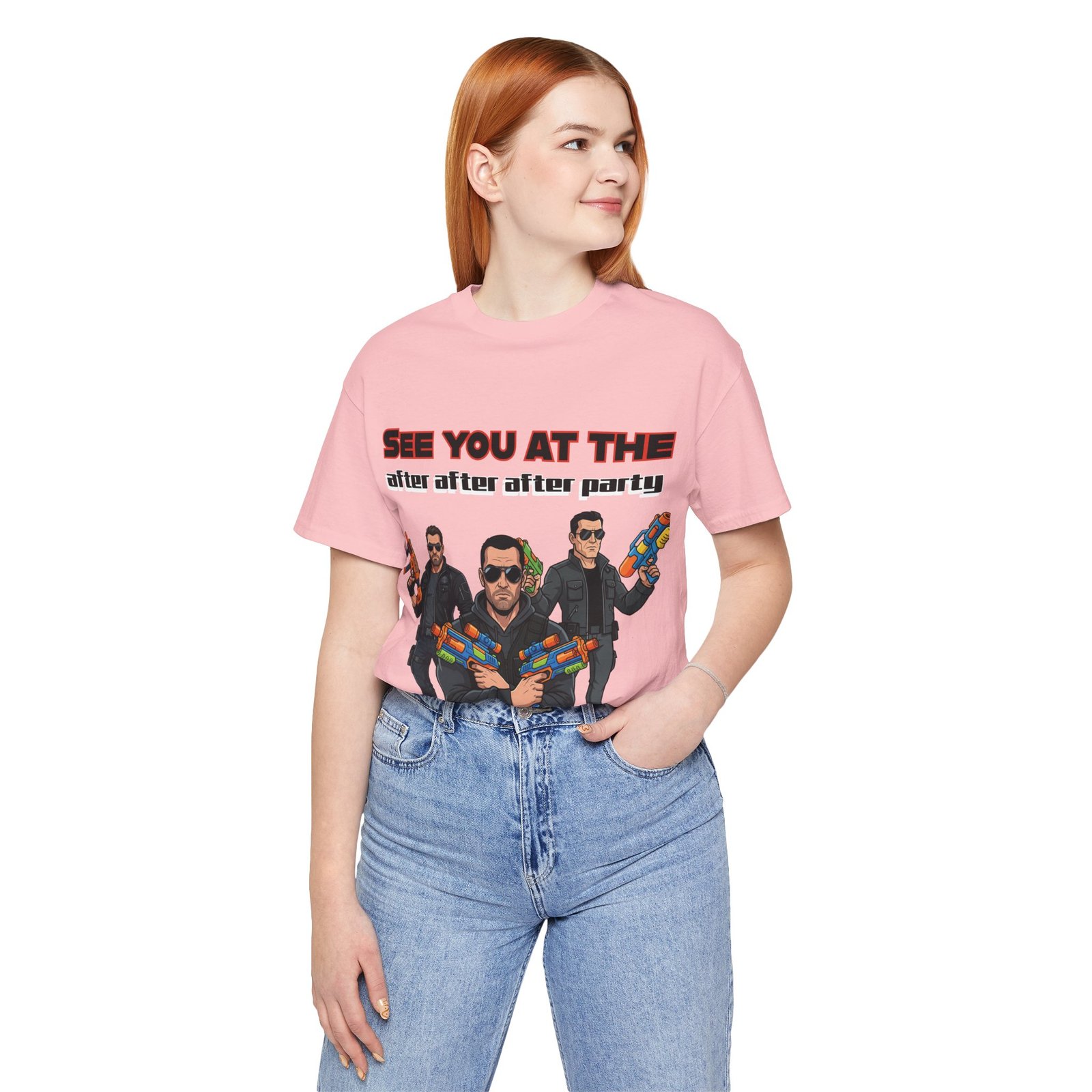 Pink T-shirt featuring a graphic of three characters with sunglasses and toy water guns, reading 'See You At The After After After Party'