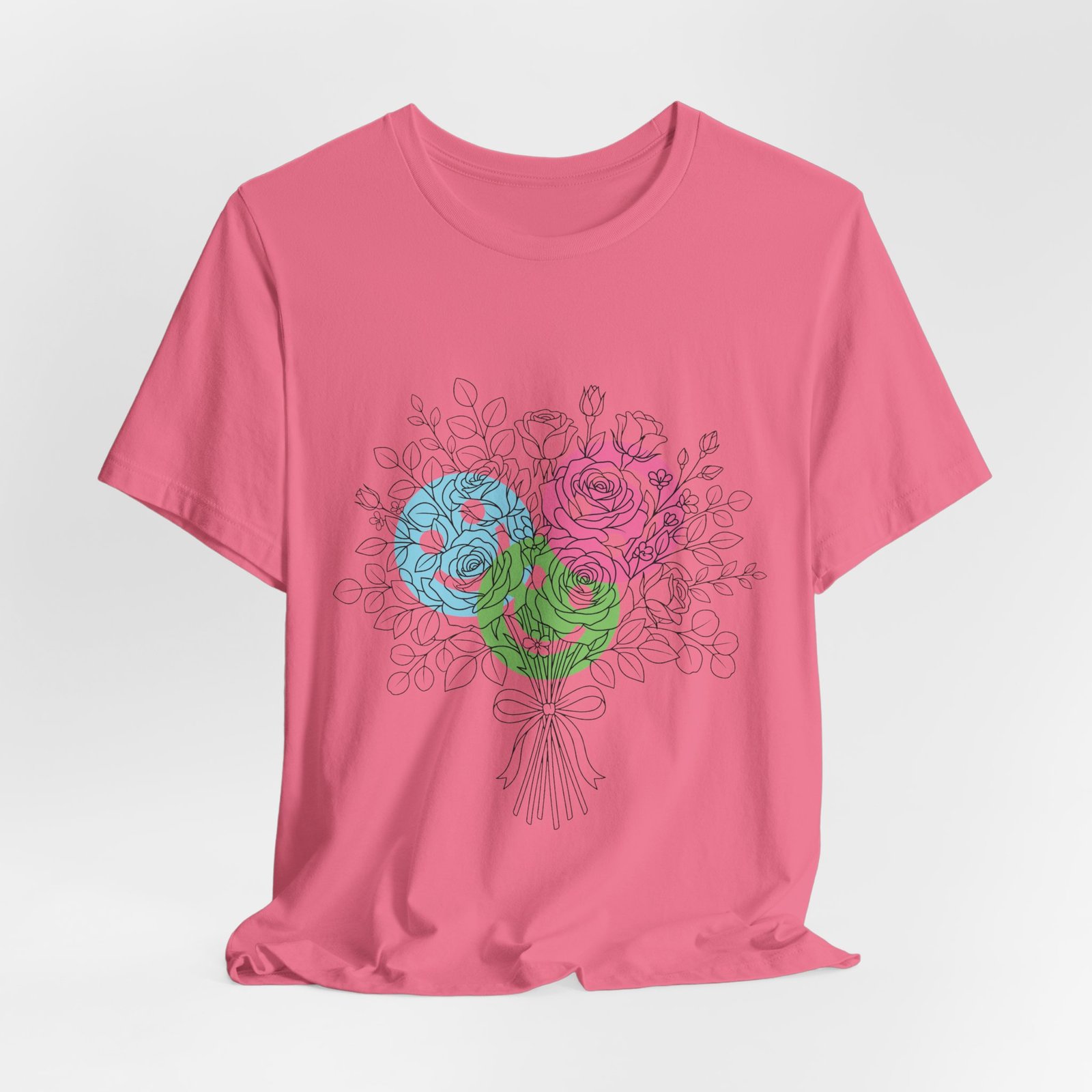 Pink t-shirt featuring a hand-drawn bouquet with teal, magenta, and lime spiral floral blooms.