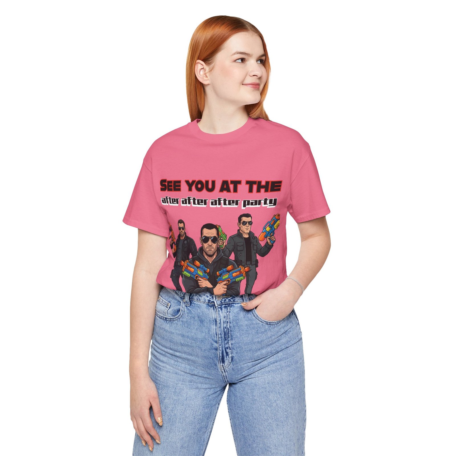 Pink t-shirt featuring sunglasses-clad characters with colorful water guns and text: SEE YOU AT THE after after after party.