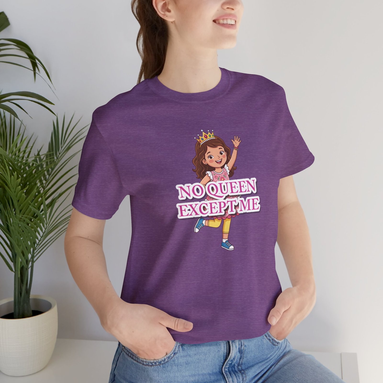Purple girls' crew neck t-shirt featuring a whimsical illustration of a girl wearing a crown and 'NO QUEEN EXCEPT ME' text.