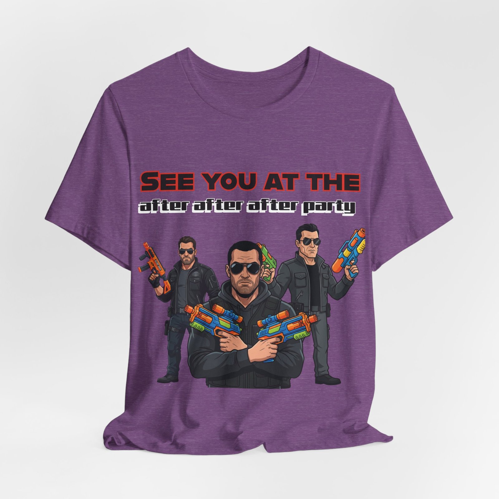 Purple T-shirt featuring three characters in sunglasses holding colorful water guns and the text SEE YOU AT THE after party.