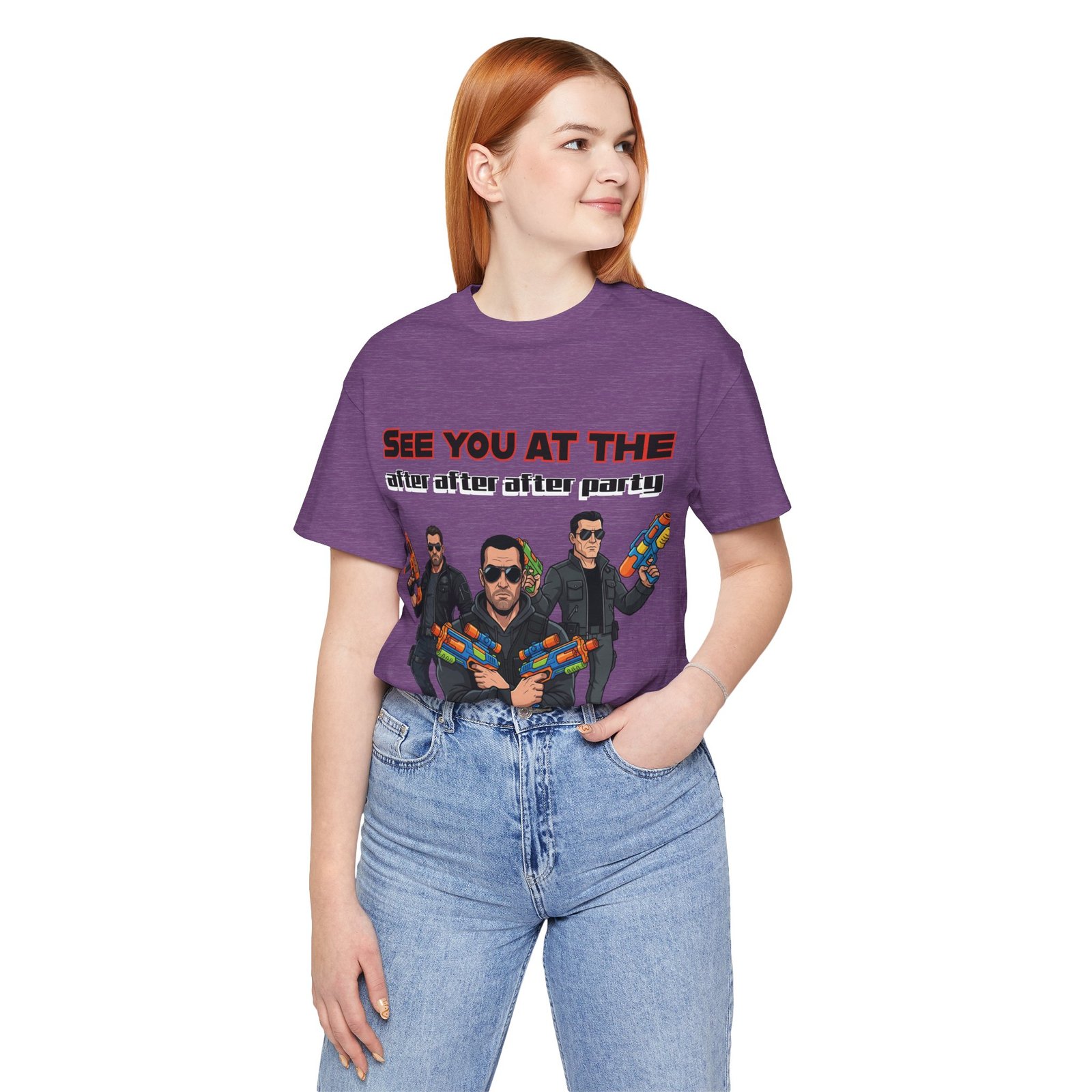 Purple t-shirt featuring three characters with sunglasses and colorful water guns with "SEE YOU AT THE after after after party" text.