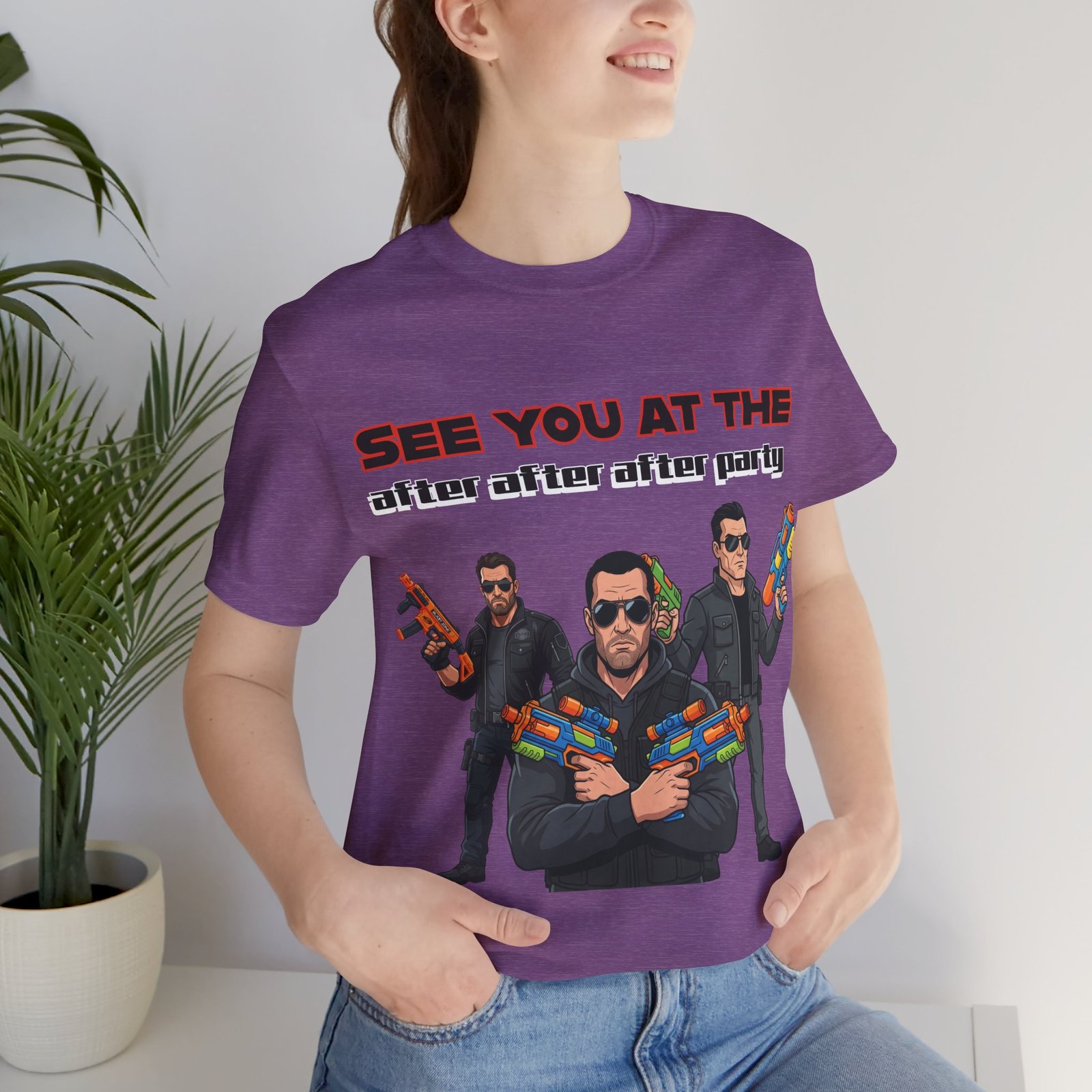 Purple t-shirt featuring three characters with sunglasses holding colorful toy water guns and the text See You At The After After After Party