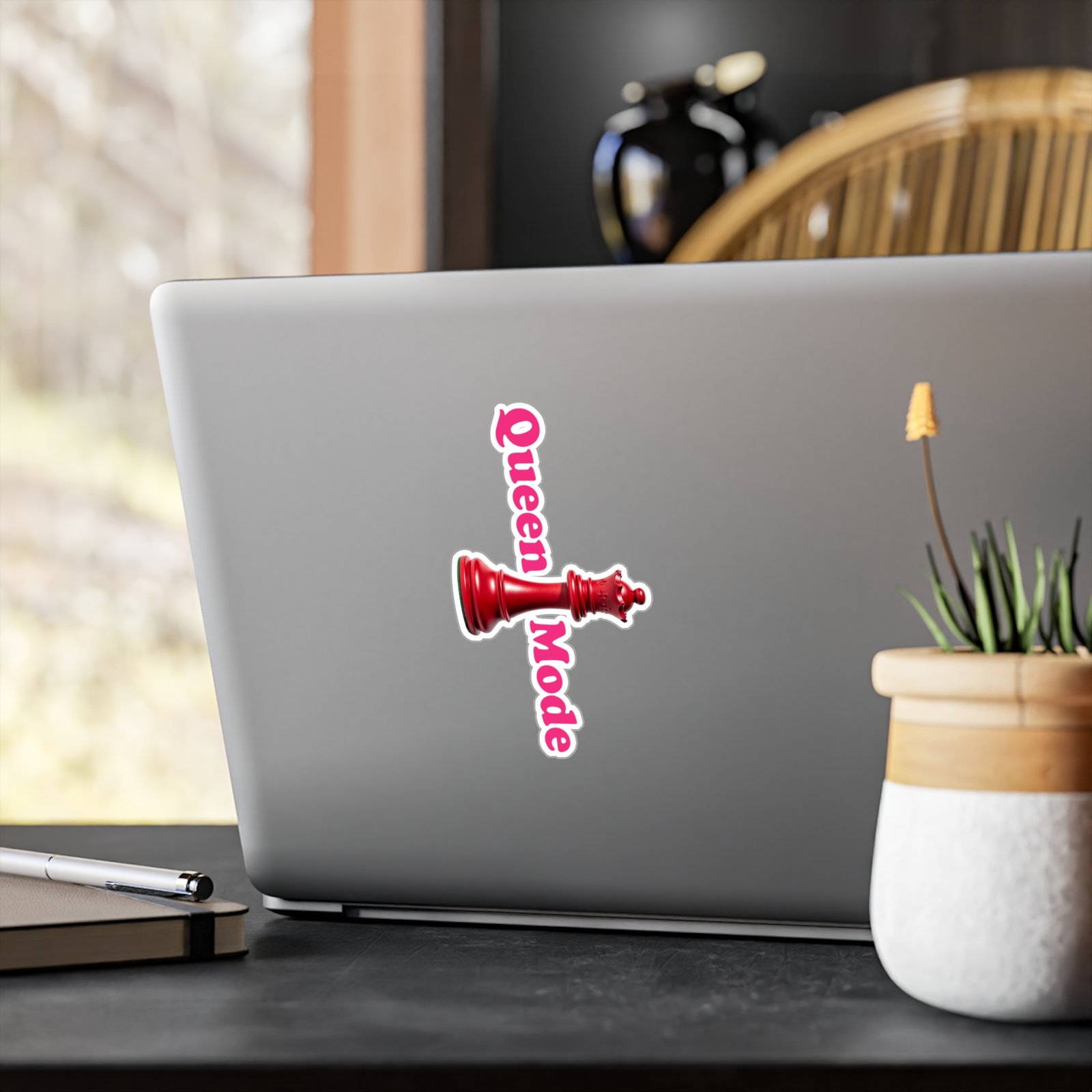 Queen Mode Red Chess Queen Sticker on a laptop with a satin finish and pink lettering.