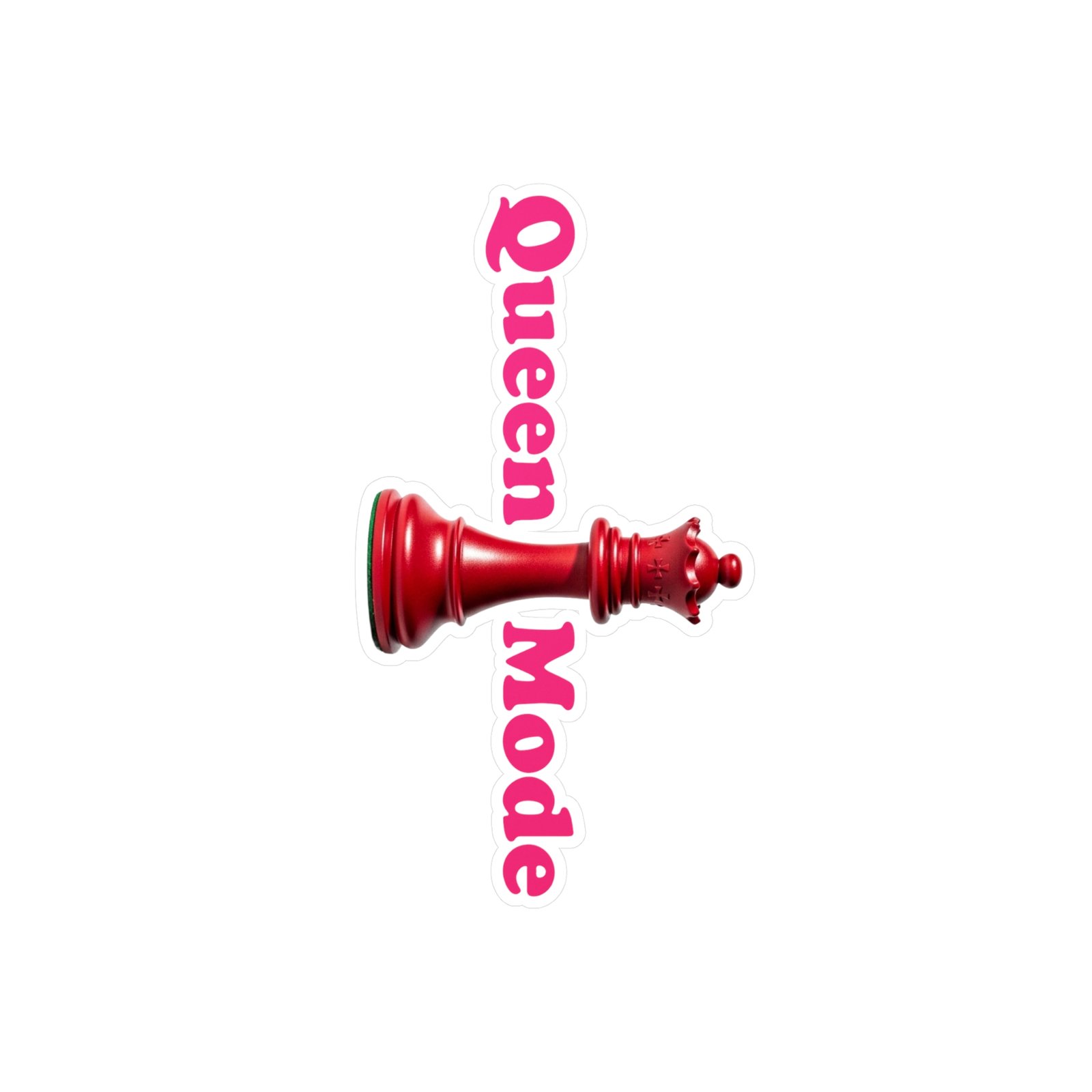 Queen Mode red chess queen sticker with bright pink vertical text and white kiss-cut border.