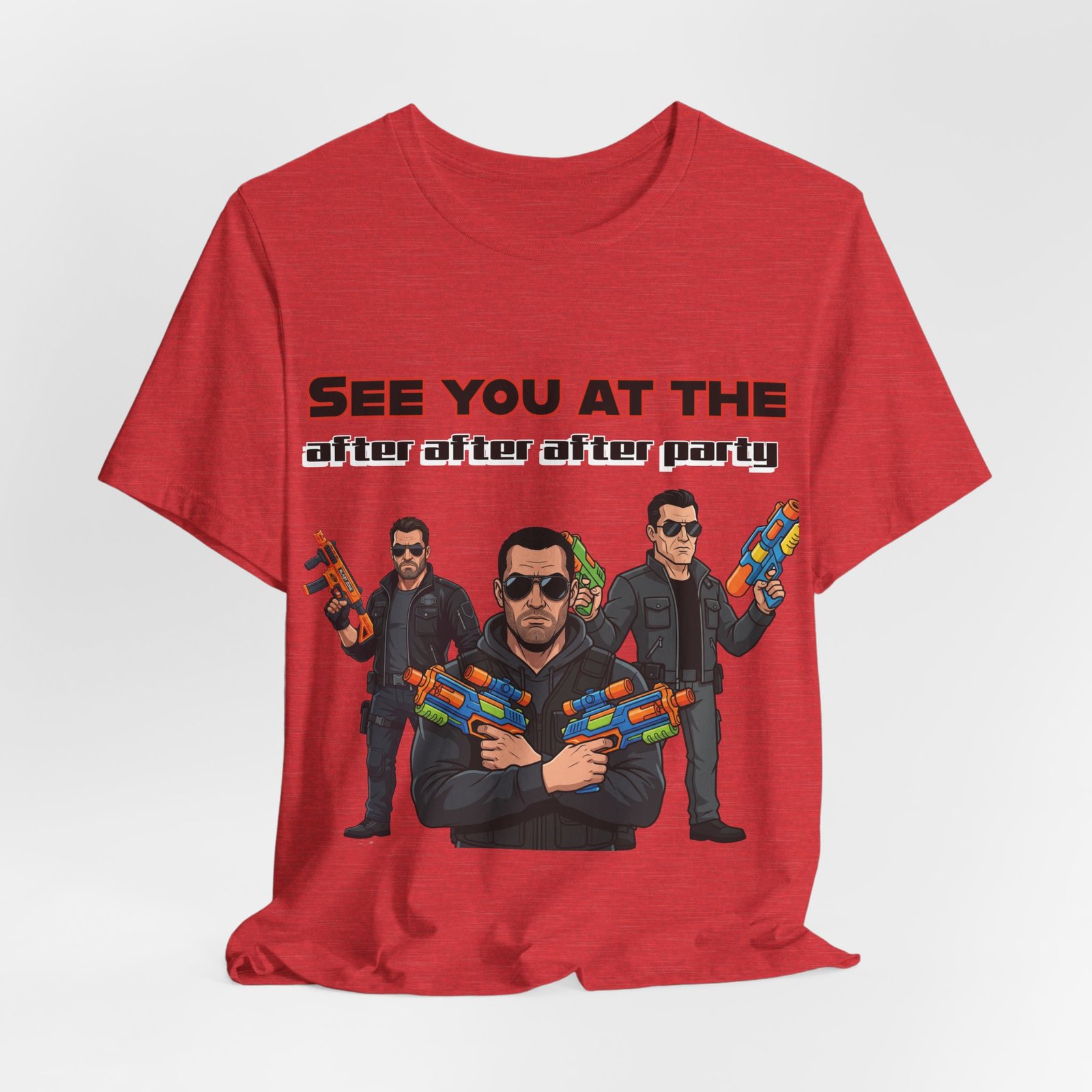 Red T-shirt featuring three characters in sunglasses holding colorful water guns and the text "SEE YOU AT THE after after after party"
