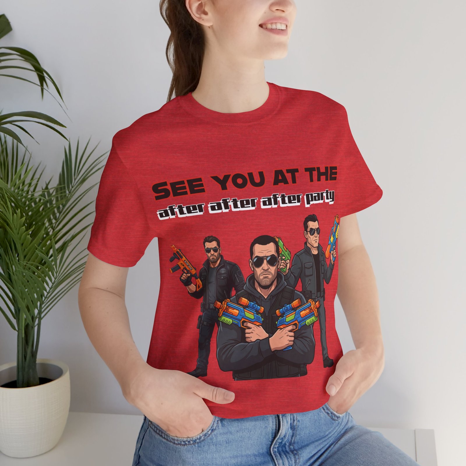 Red T-shirt featuring three cool characters with sunglasses and colorful water guns with 'See You At The After After After Party' text.