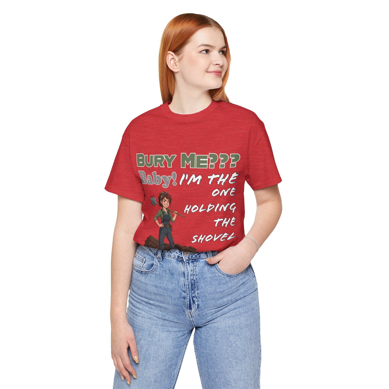 Red t-shirt with dark humor text and illustration of a character holding a shovel on a woman.