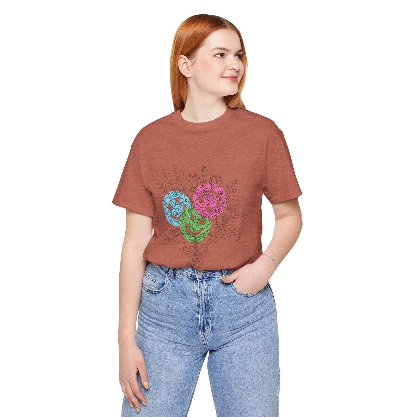 Rust-colored t-shirt featuring a hand-drawn floral bouquet with teal, magenta, and lime colorful bloom doodles.