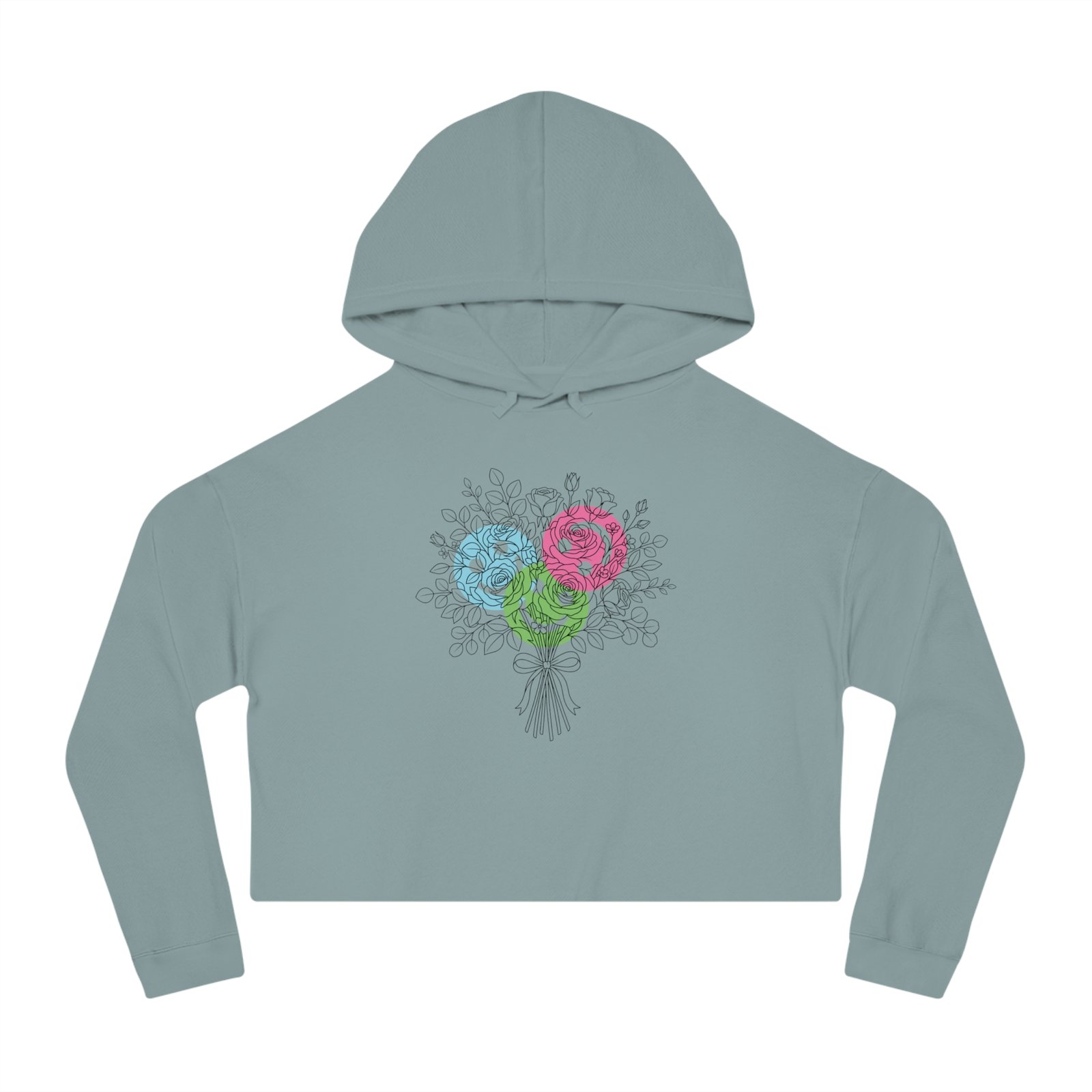 Sage green cropped hoodie featuring a hand-drawn bouquet of teal, magenta, and lime lollipop flowers with ink foliage.
