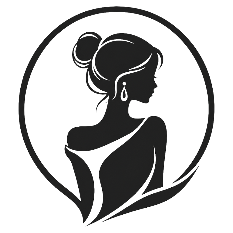 Stylized silhouette illustration of a woman's profile with a bun and earring in a circular frame.