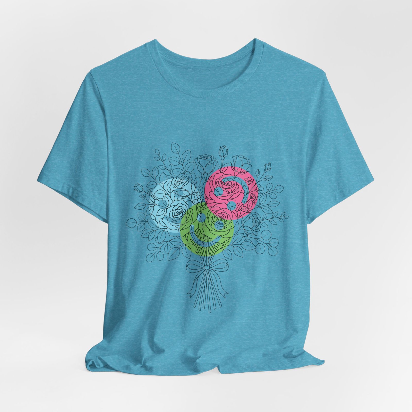 Teal t-shirt featuring a hand-drawn bouquet with teal, magenta, and lime colorful spiral floral blooms.