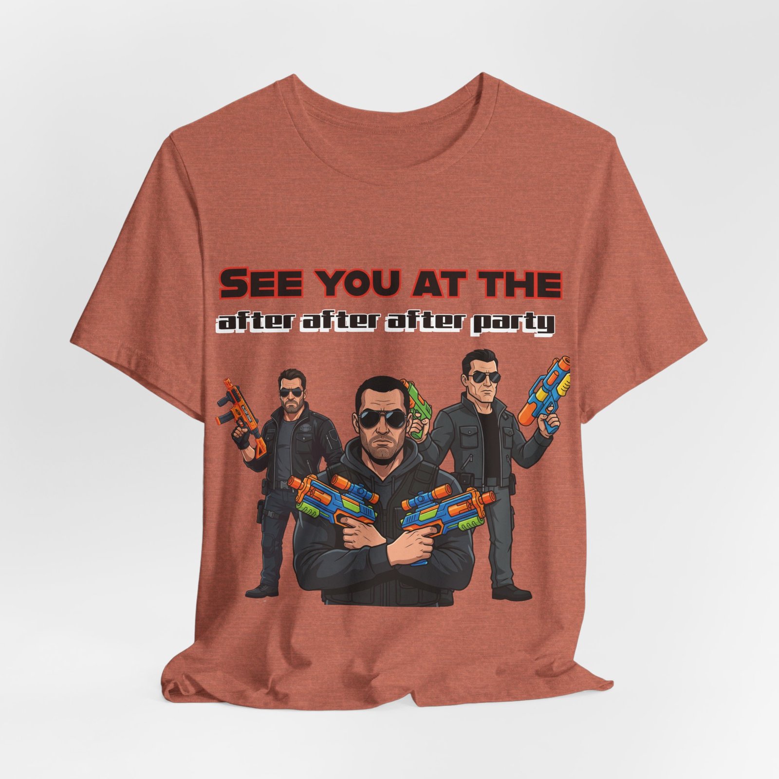 Terracotta t-shirt featuring three characters in sunglasses holding colorful water gun blasters and the text "SEE YOU AT THE after after after party".