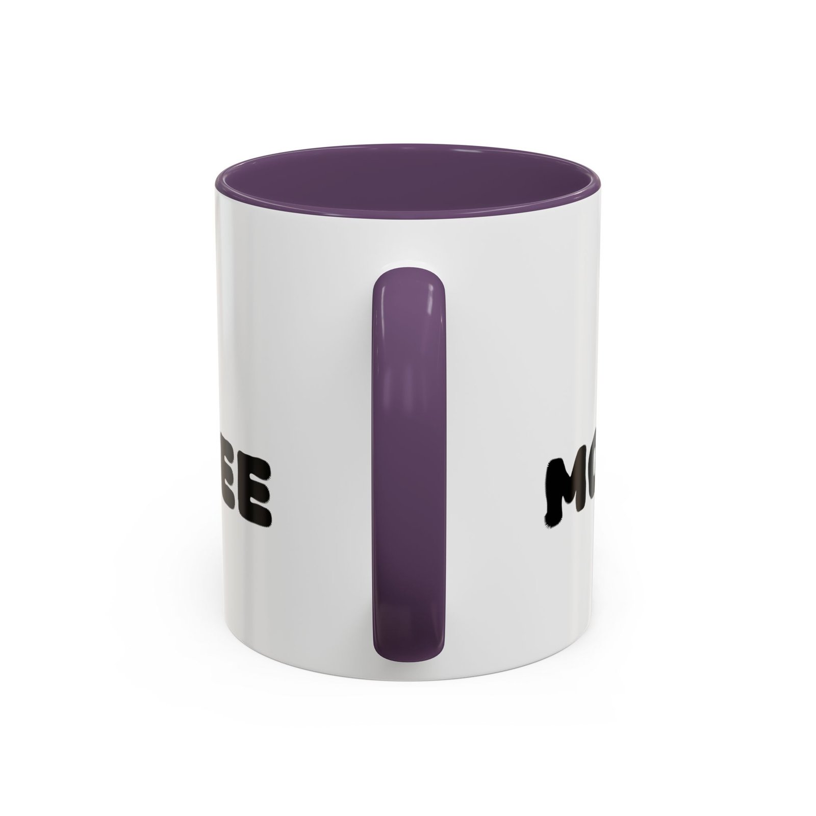 'The Morning Coffee' ceramic mug with a white exterior and purple interior and handle featuring bold black text.