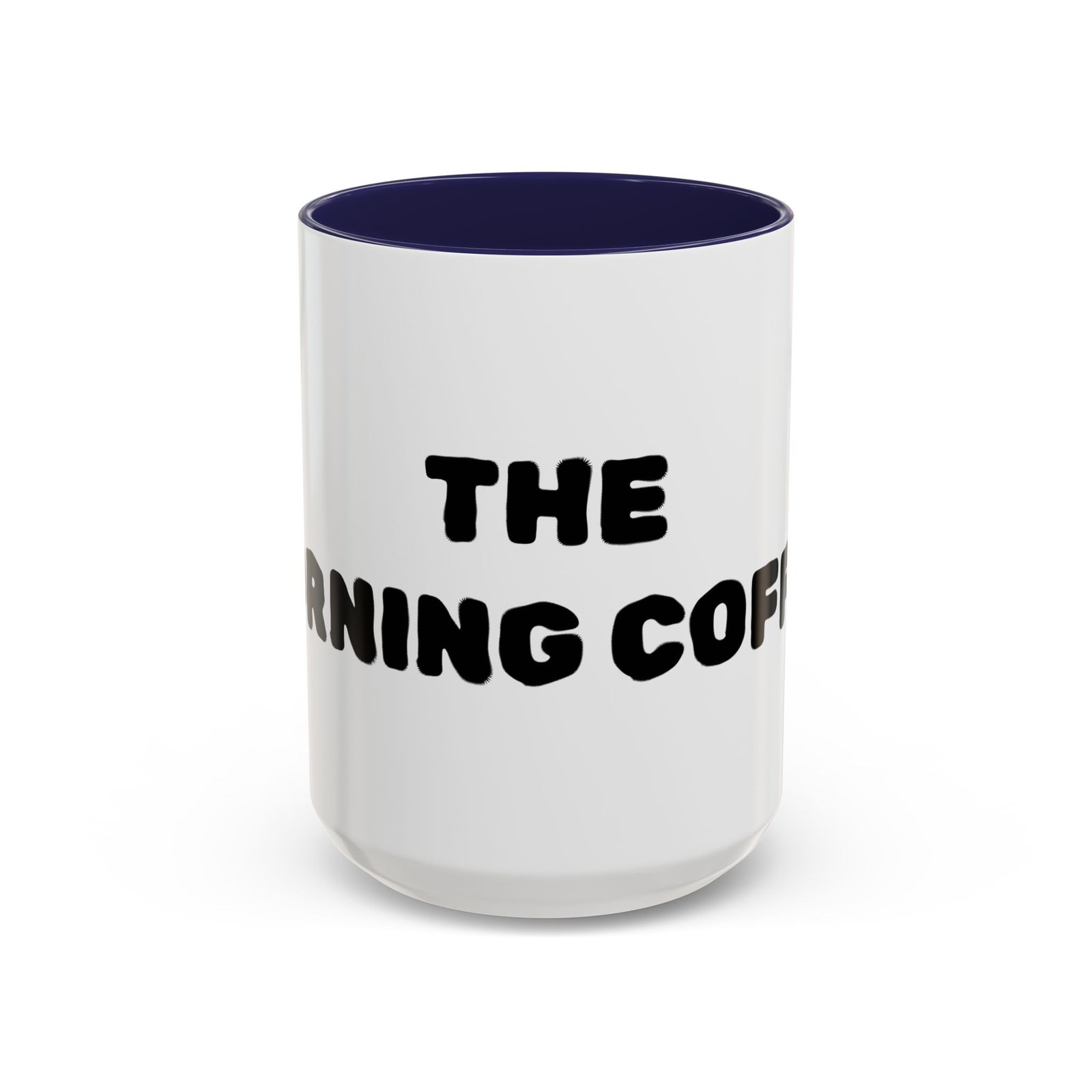 The Morning Coffee ceramic mug with white exterior and dark navy blue interior and handle