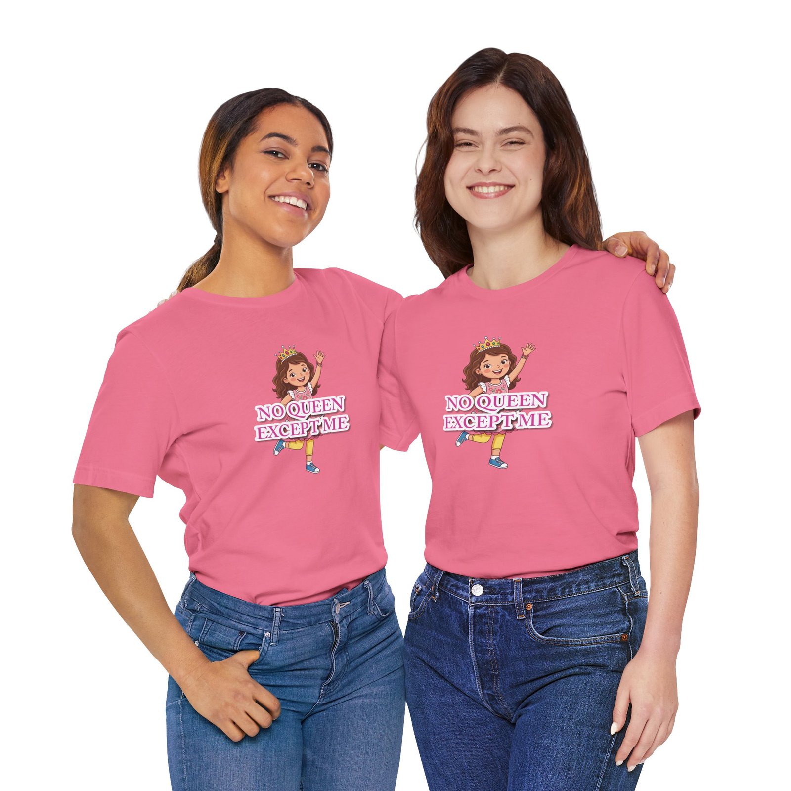 Two smiling women wearing pink No Queen Except Me Tee girls' t-shirts with a whimsical queen illustration.