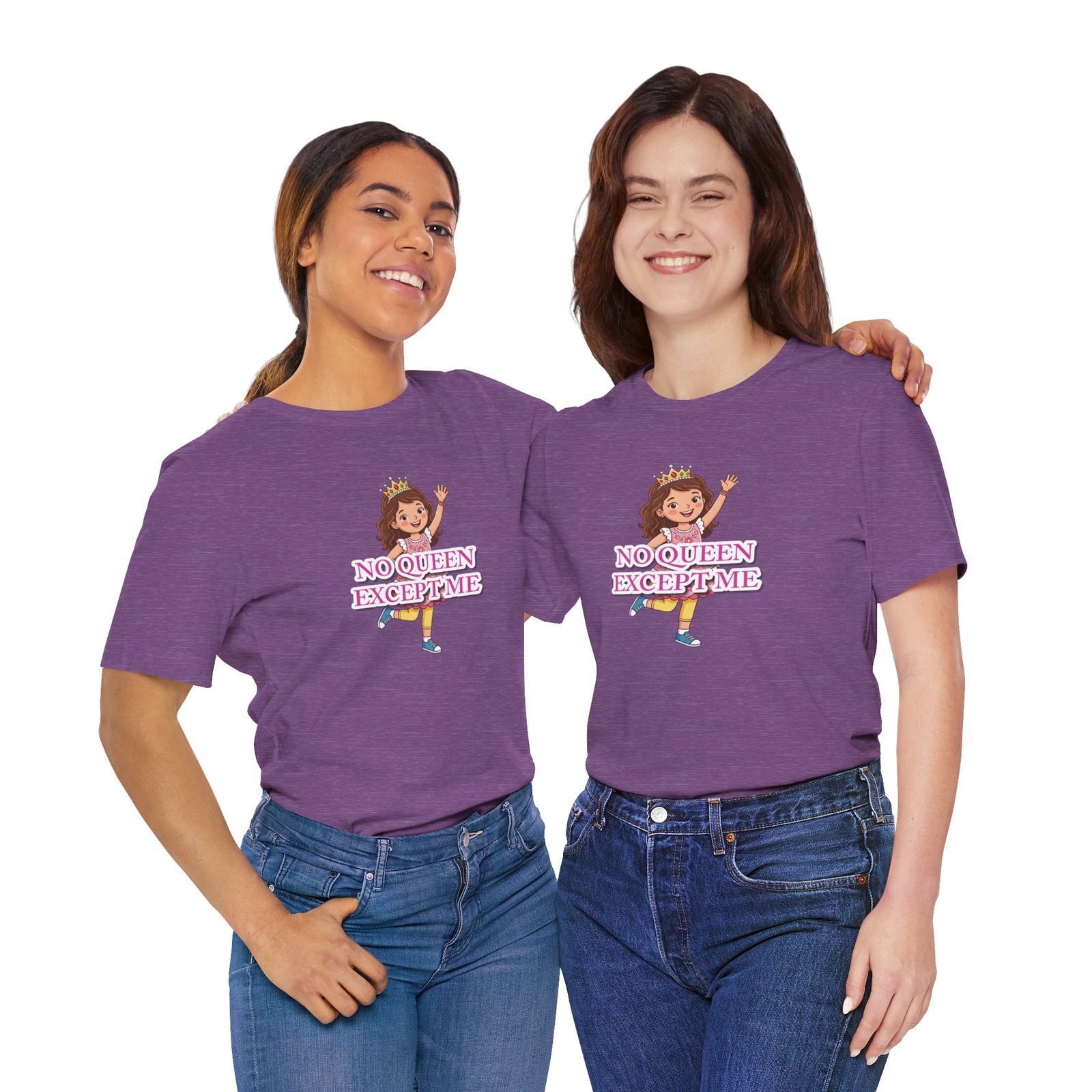 Two smiling women wearing purple No Queen Except Me Girls' T-Shirts featuring a whimsical queen illustration.