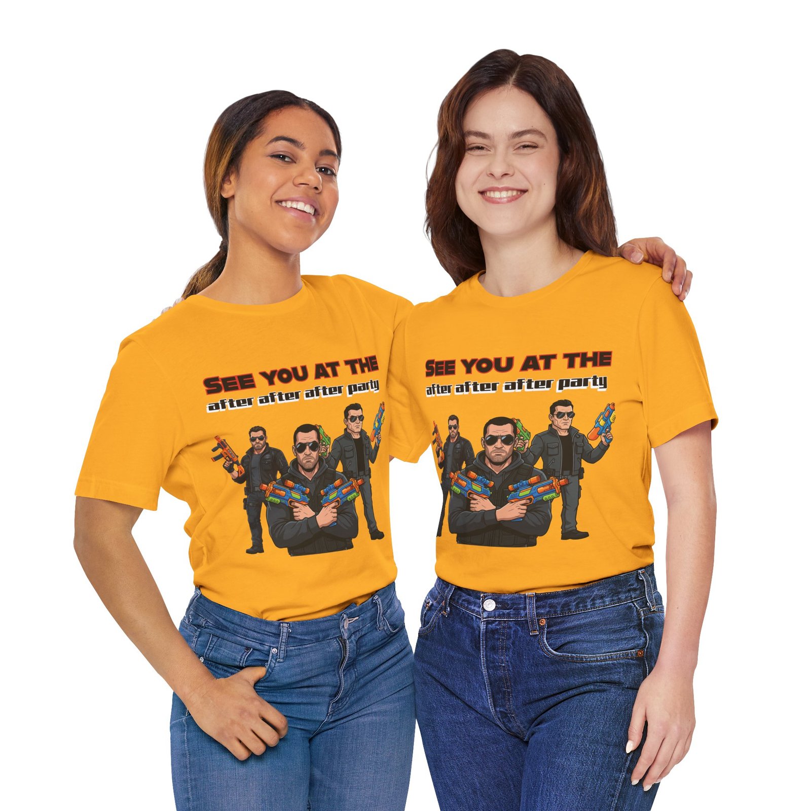 Two smiling women wearing yellow "See You At The After After After Party" water gun squad graphic t-shirts.