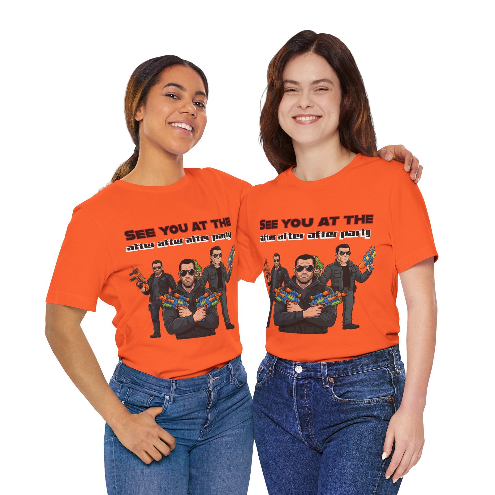 Two women smiling and wearing orange "See You At The After After After Party" t-shirts featuring a water gun squad graphic.