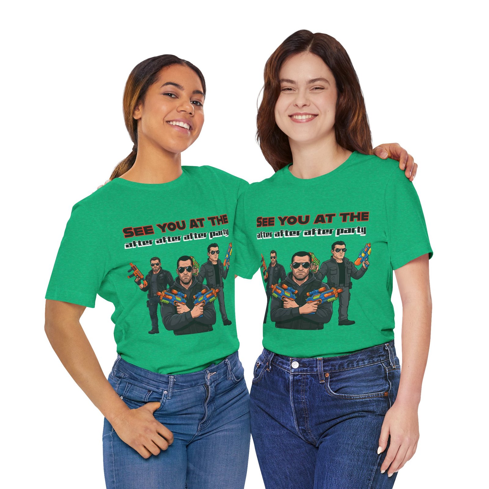 Two women smiling while wearing green "See You At The After After After Party" Water Gun Squad T-Shirts.