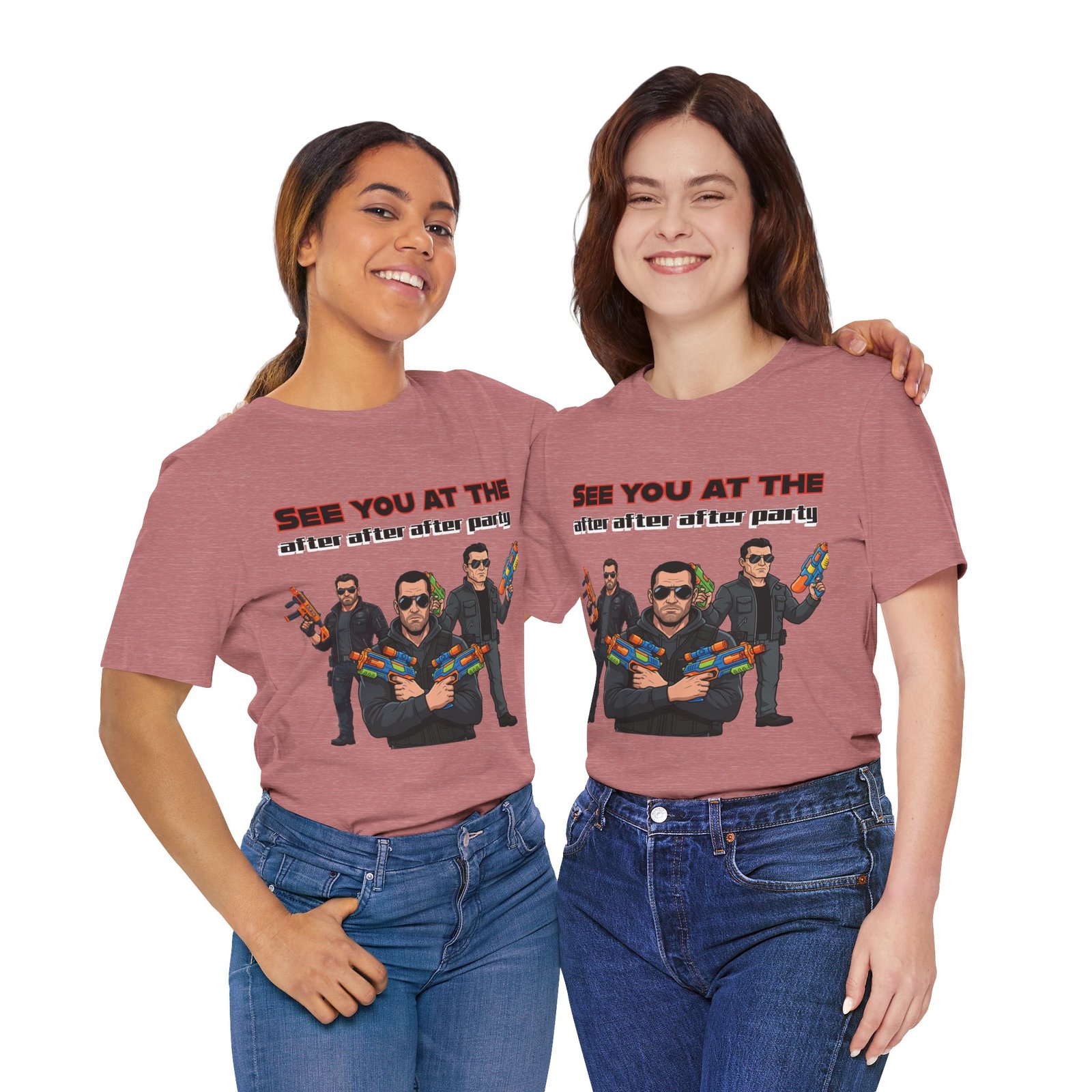 Two women smiling while wearing mauve t-shirts featuring a water gun squad graphic and cheeky party text.