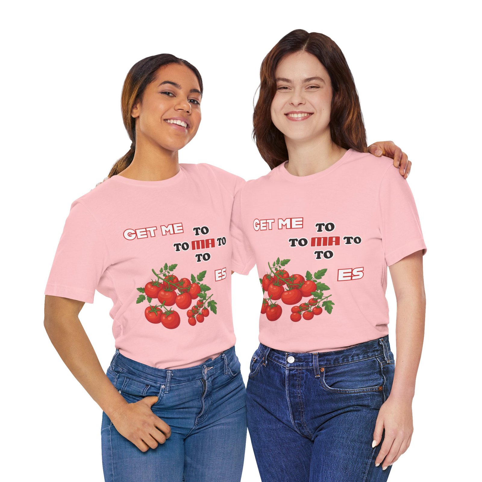 Two women smiling while wearing pink "Get Me To Ma To Toes" vintage tomato graphic t-shirts.