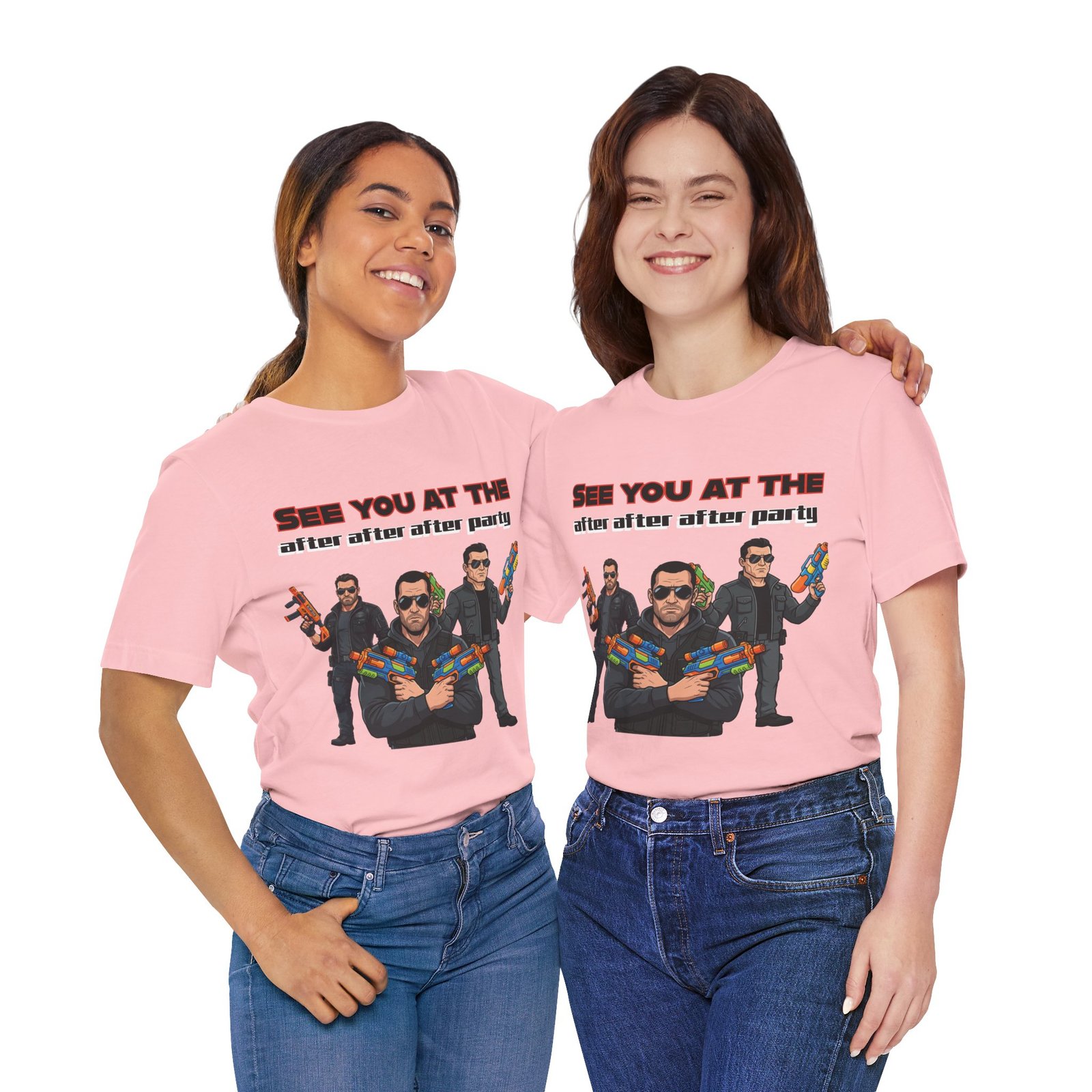 Two women smiling while wearing pink See You At The After After After Party Water Gun Squad T-Shirts.