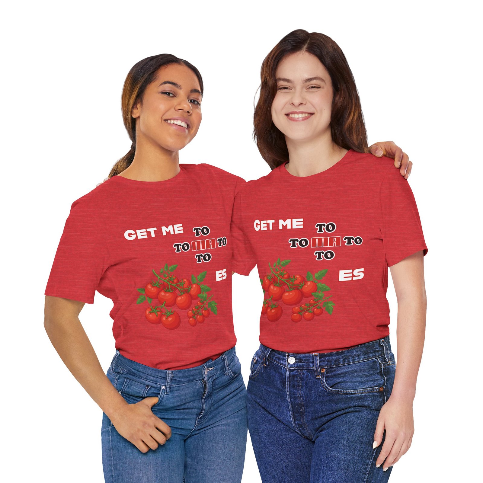 Two women smiling while wearing red "Get Me To Ma To Toes" t-shirts with tomato artwork and retro typography.