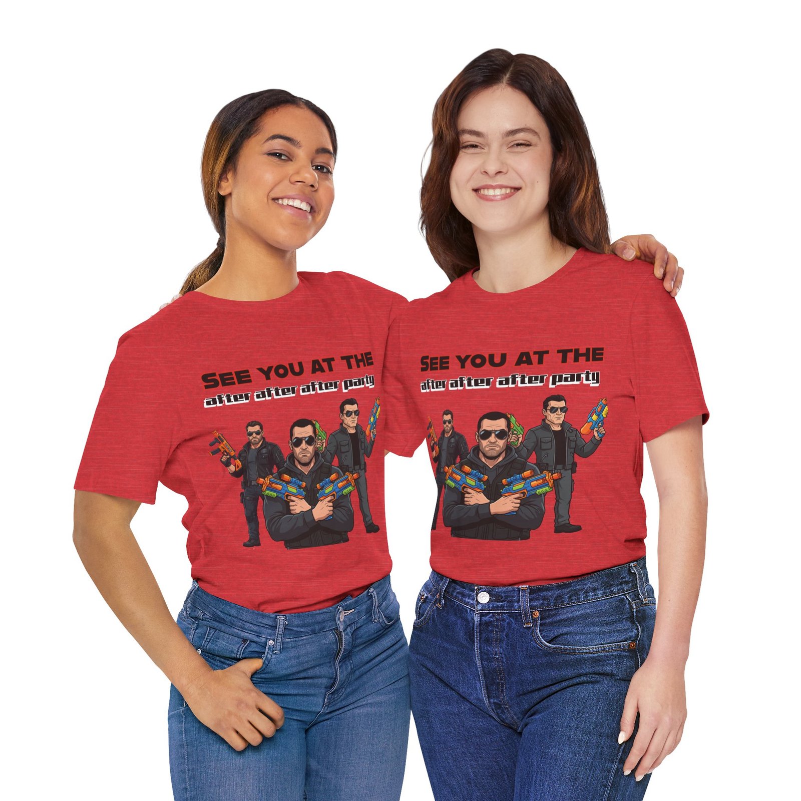 Two women smiling while wearing red See You At The After After After Party t-shirts featuring a water gun squad graphic.
