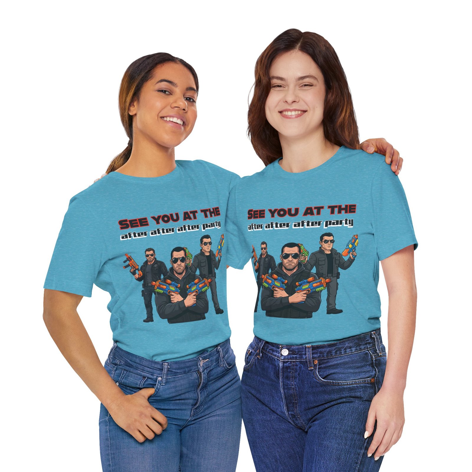 Two women smiling while wearing teal t-shirts featuring a water gun squad graphic and cheeky party text.