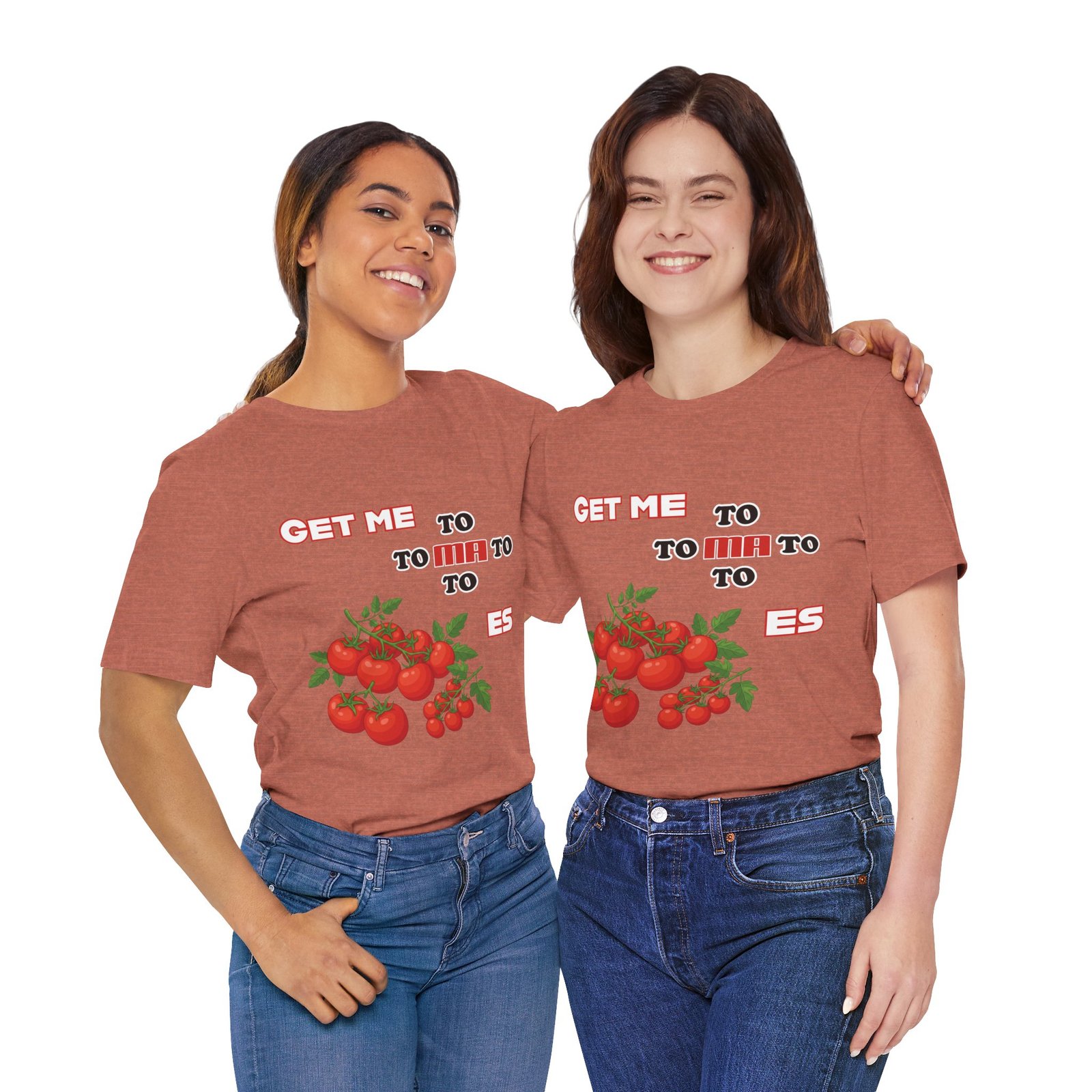 Two women smiling while wearing the Get Me To Ma To Toes vintage tomato graphic t-shirt in terracotta.