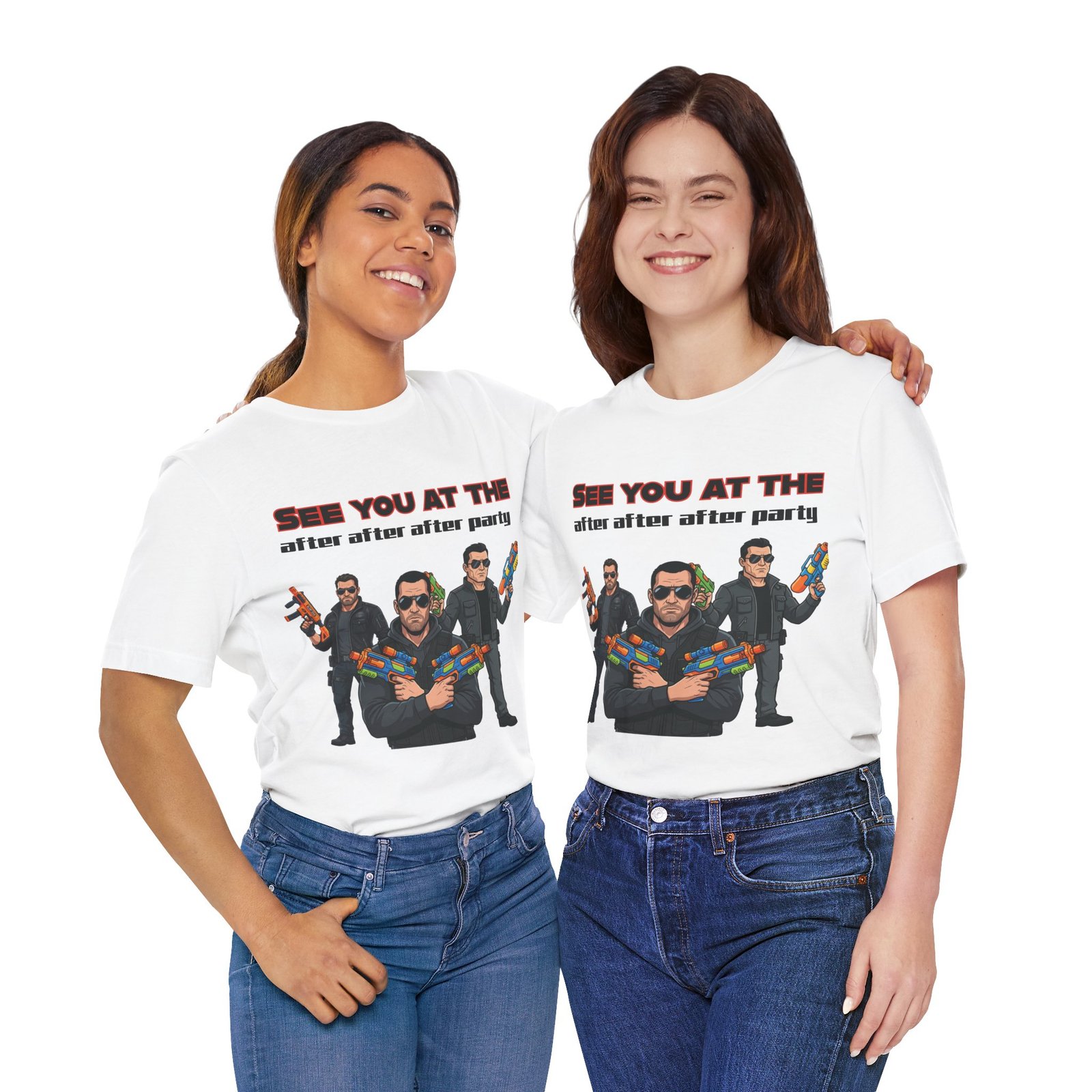 Two women smiling while wearing white "See You At The After After After Party" t-shirts featuring a water gun squad graphic.