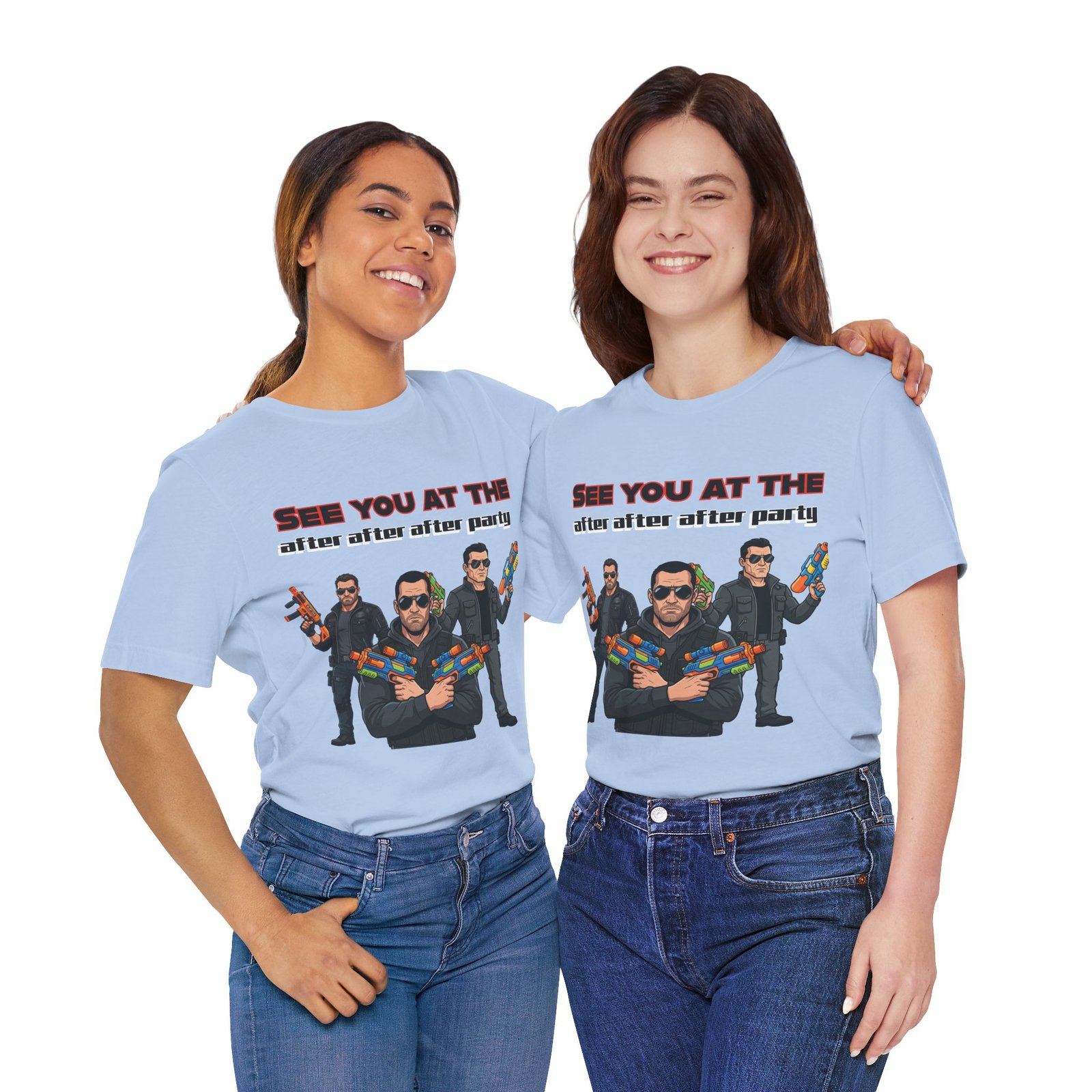 Two women wearing light blue "See You At The After After After Party" T-shirts featuring a water gun squad graphic.