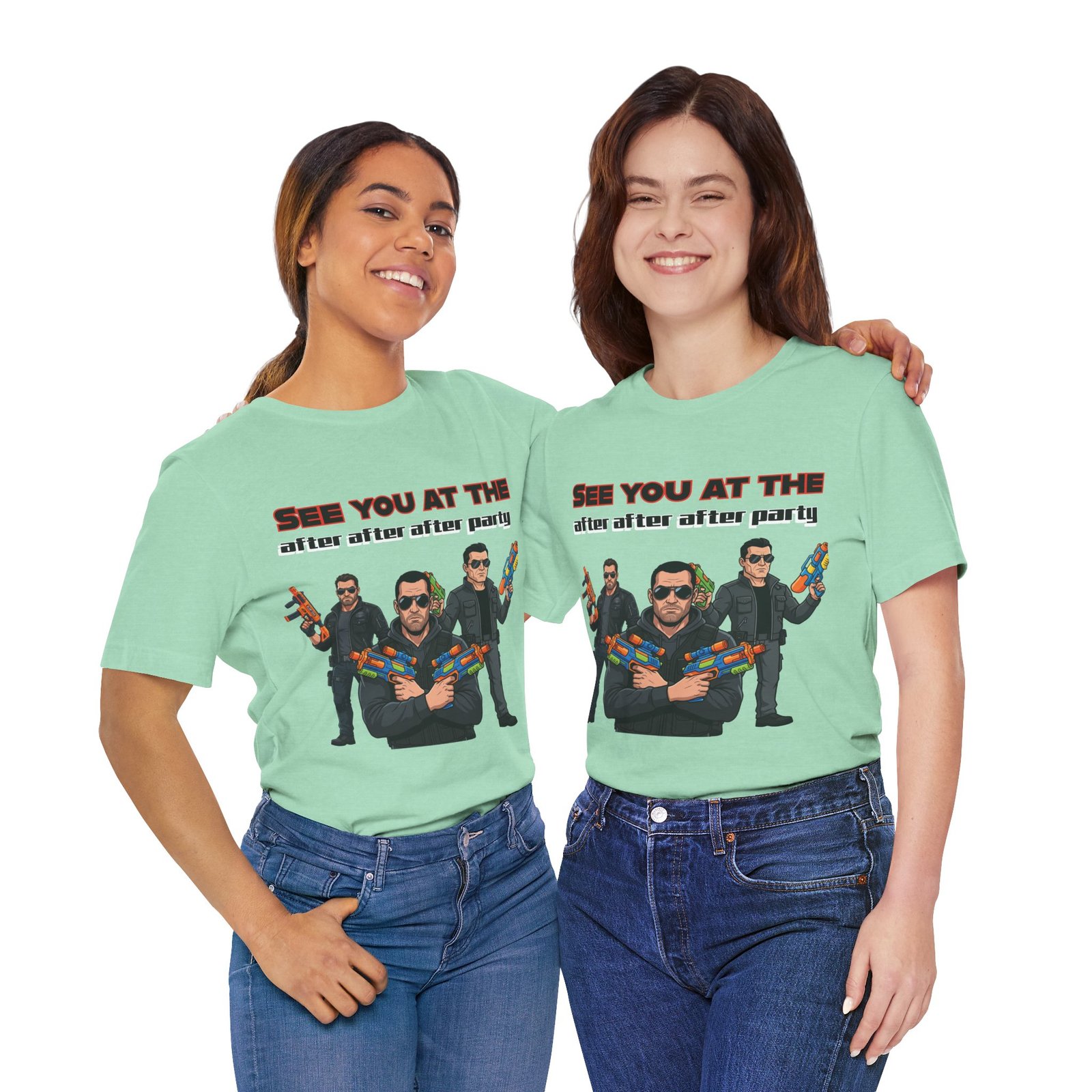 Two women wearing mint green See You At The After After After Party t-shirts featuring water gun squad characters.