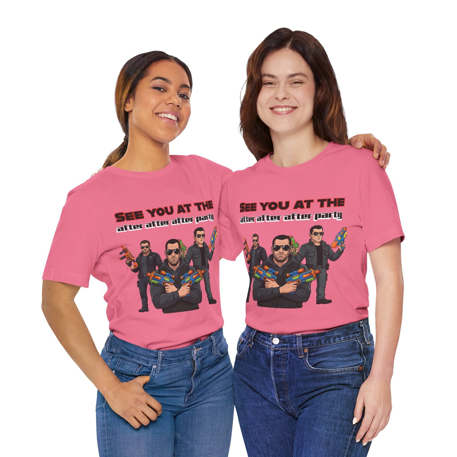 Two women wearing pink "See You At The After After After Party" T-shirts featuring a trio of characters with water guns.
