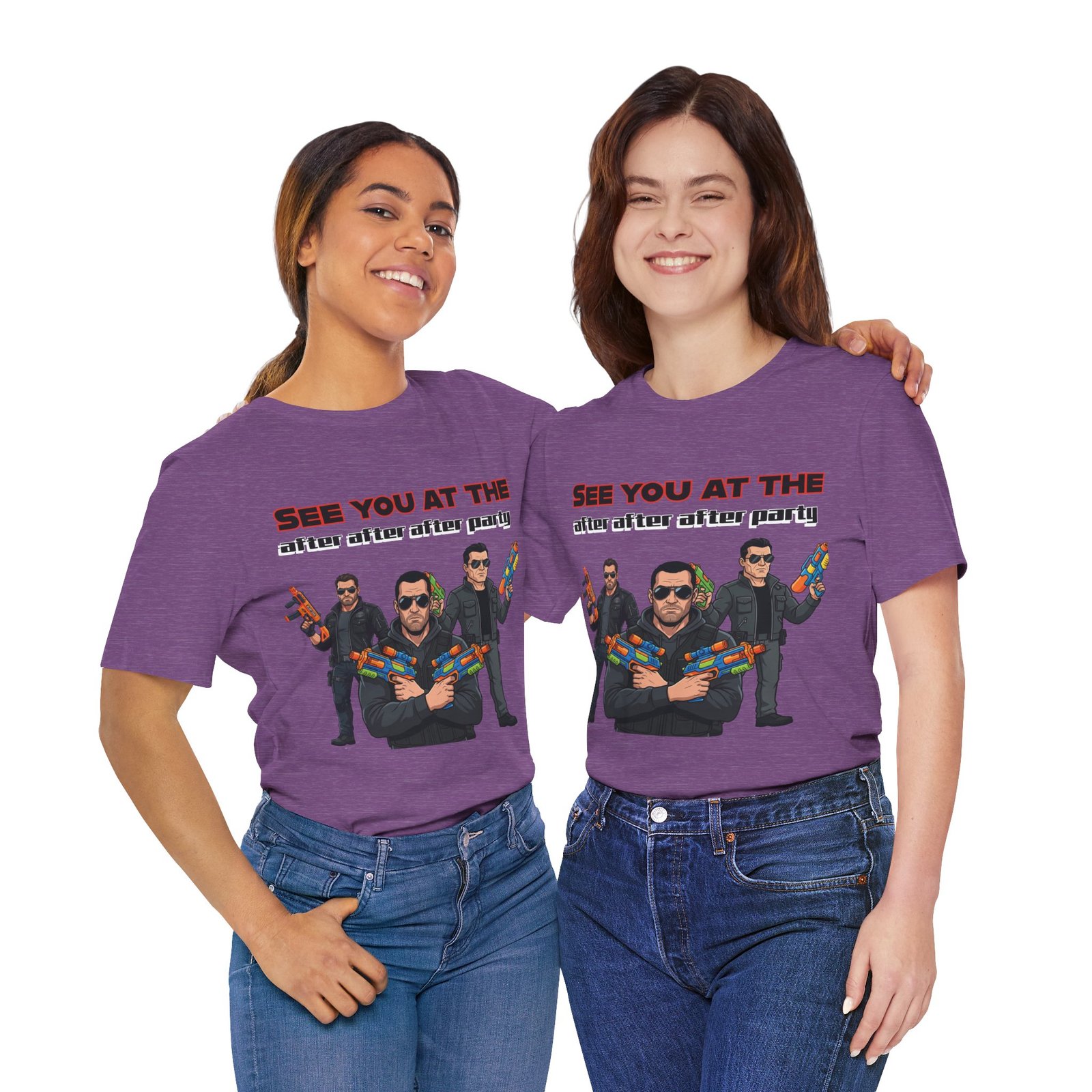 Two women wearing purple See You At The After After After Party t-shirts with a water gun squad graphic.