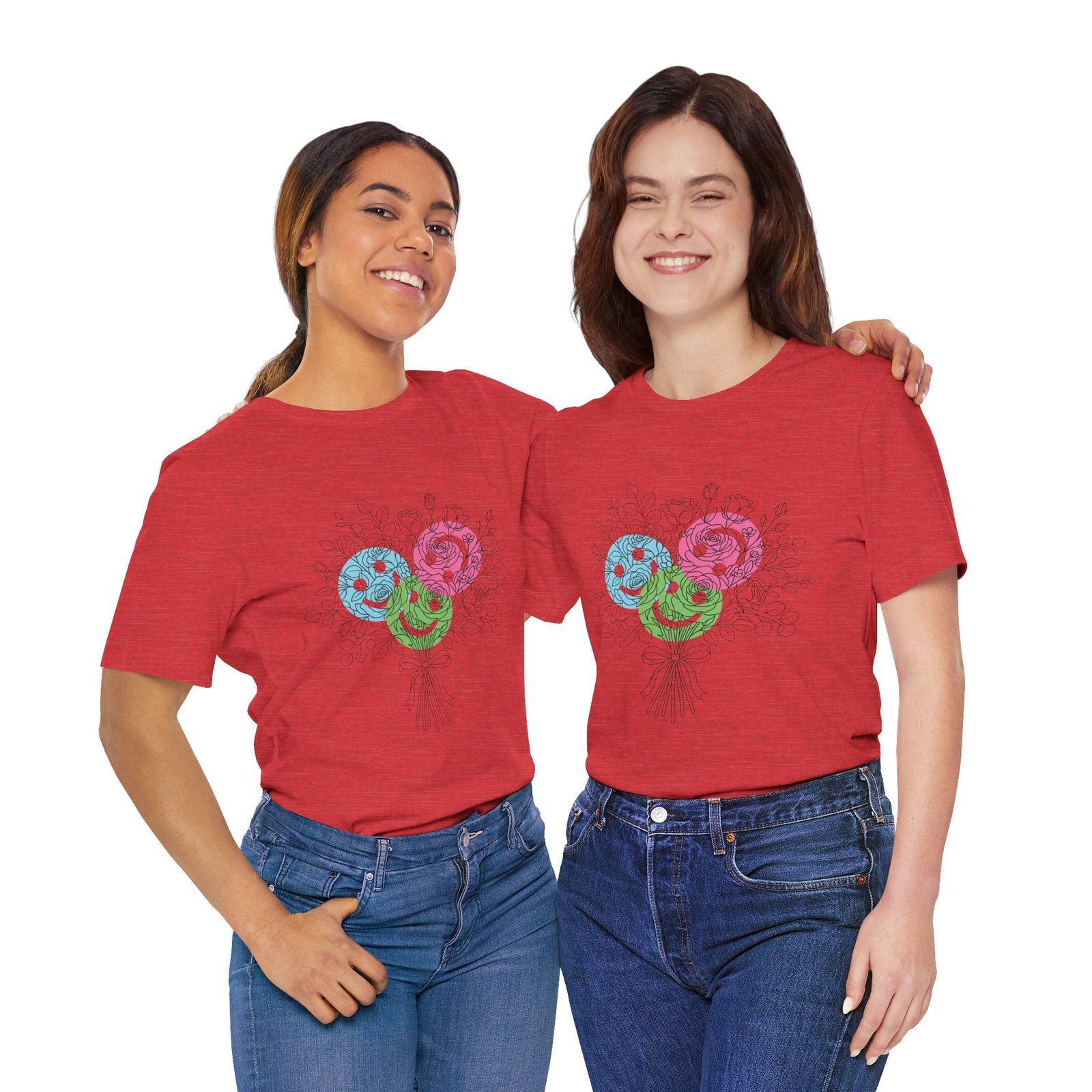Two women wearing red t-shirts featuring a colorful, hand-drawn yarn bouquet design in teal, magenta, and lime.